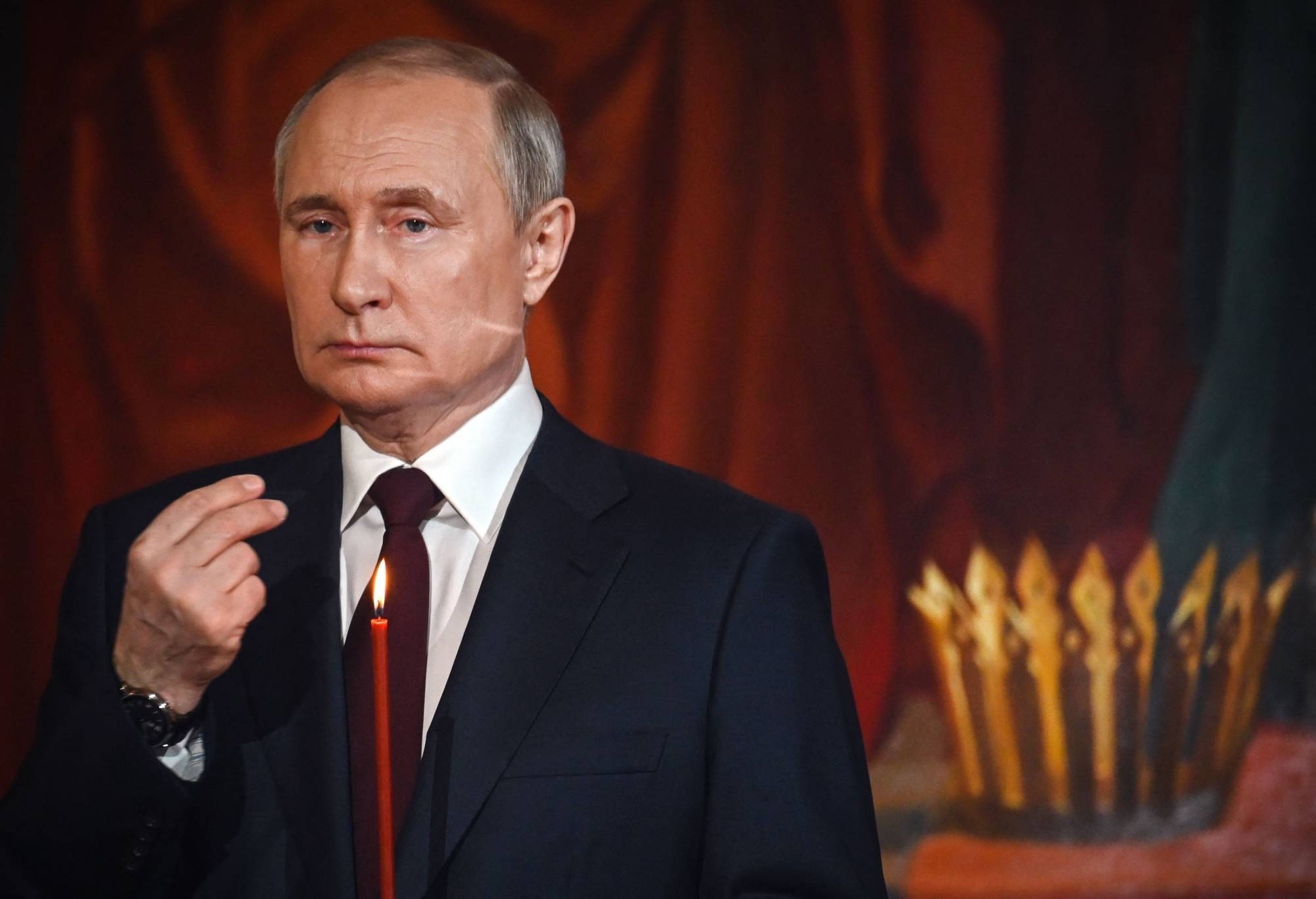 Vladimir Putin, dark suit, lit candle, Full HD Desktop Wallpaper