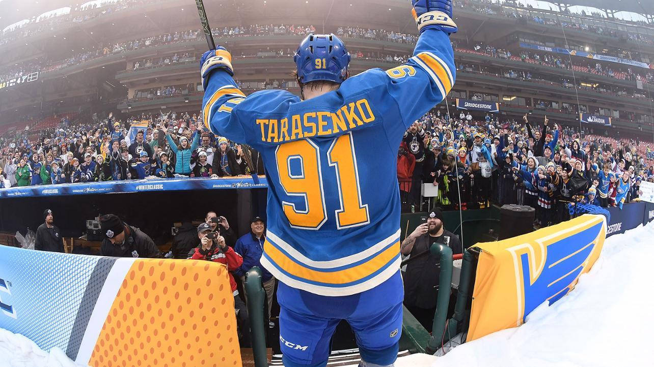 Vladimir Tarasenko, blue jersey number 91, snow-covered stands, HD Desktop Wallpaper