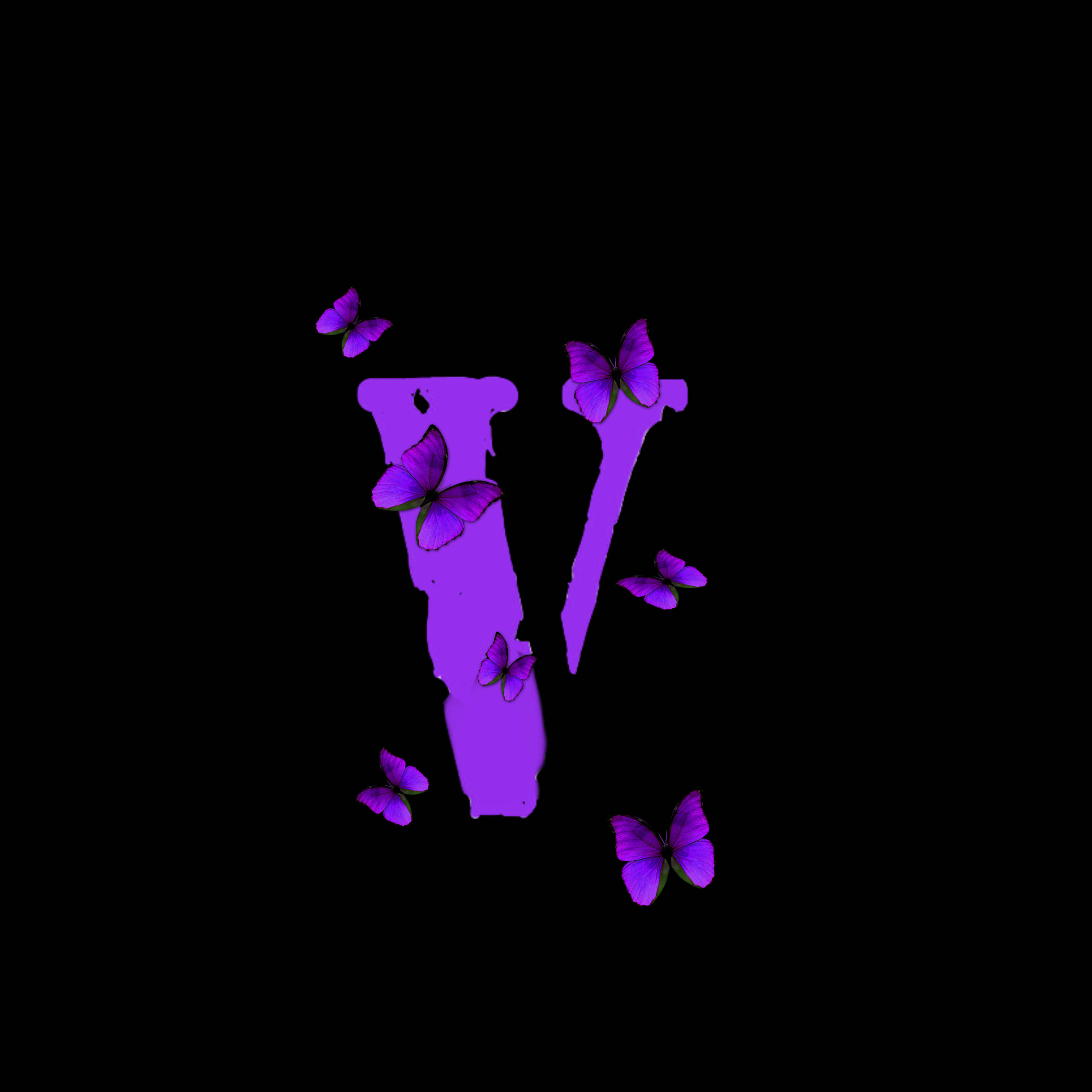 Vlone PFP Logo, purple butterflies, white V, 2K Desktop Wallpaper