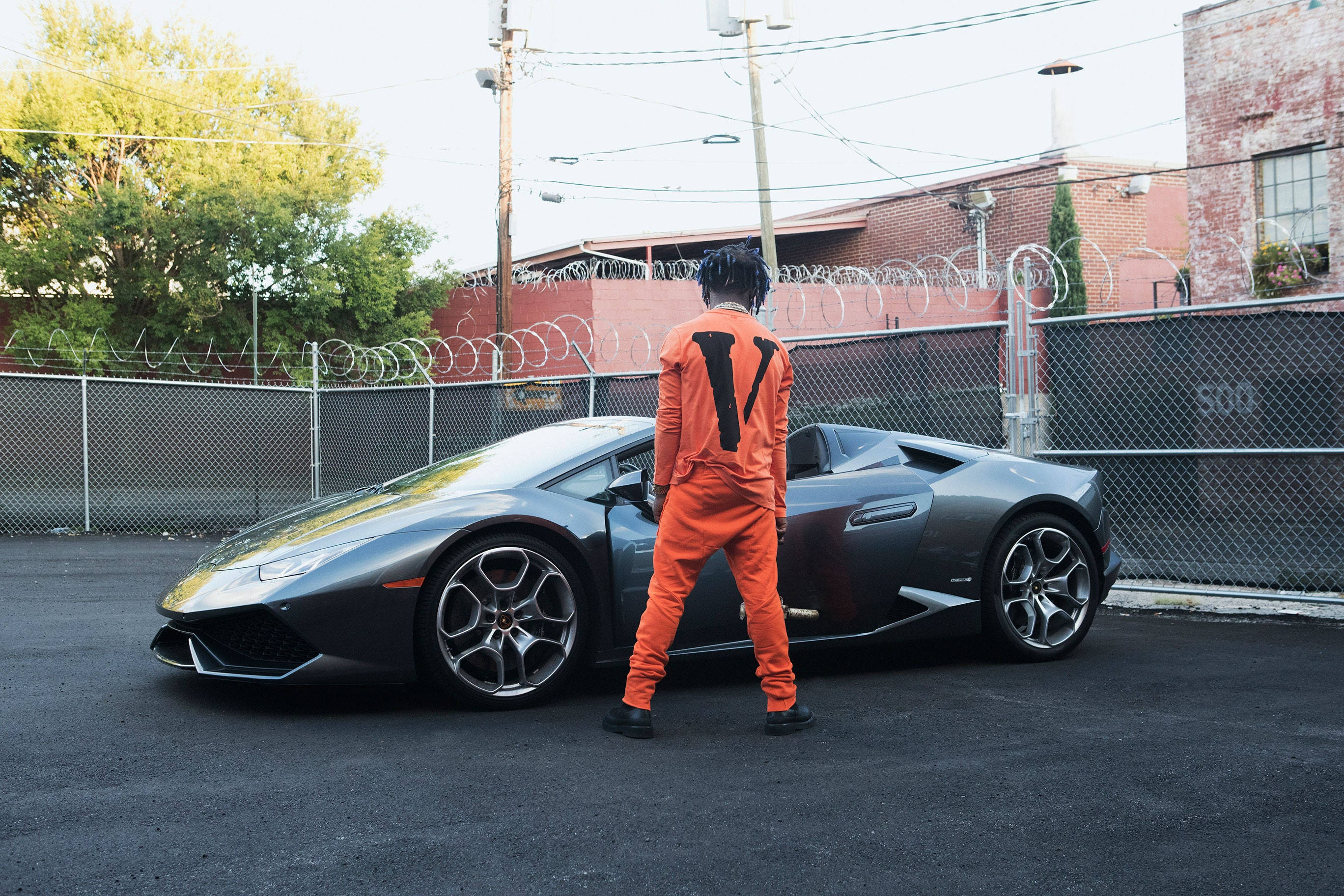 VLONE, orange sweatshirt, gray Lamborghini, 2K Desktop Wallpaper