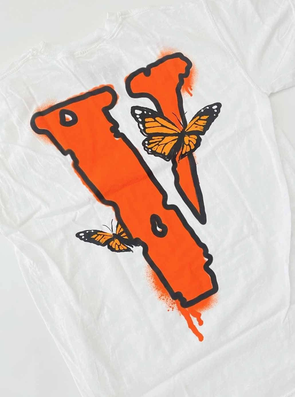VLONE, orange spray-painted letter V, monarch butterflies, HD Phone Wallpaper