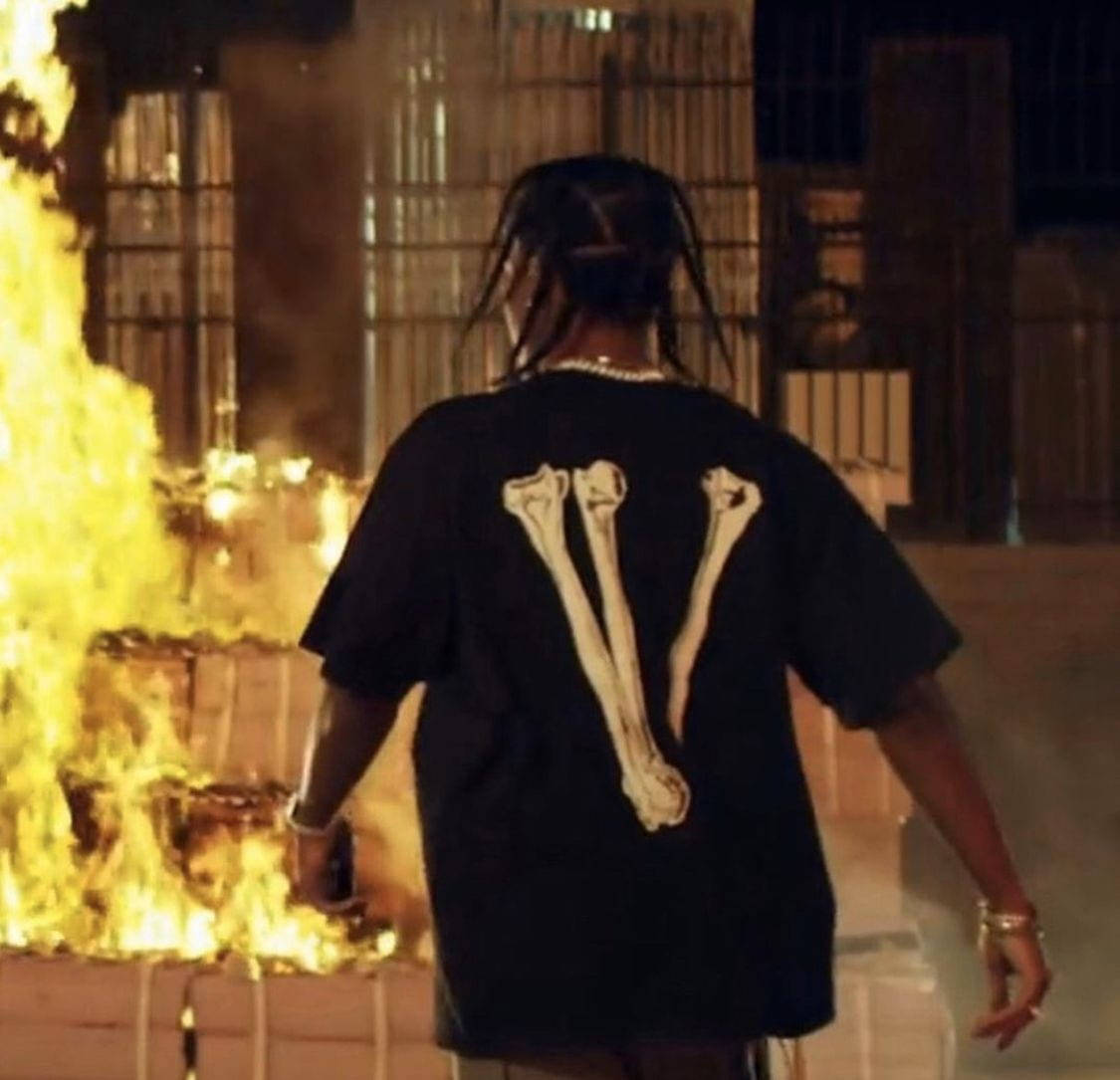 Vlone, man on burning rooftop, black t-shirt, SD Desktop Wallpaper