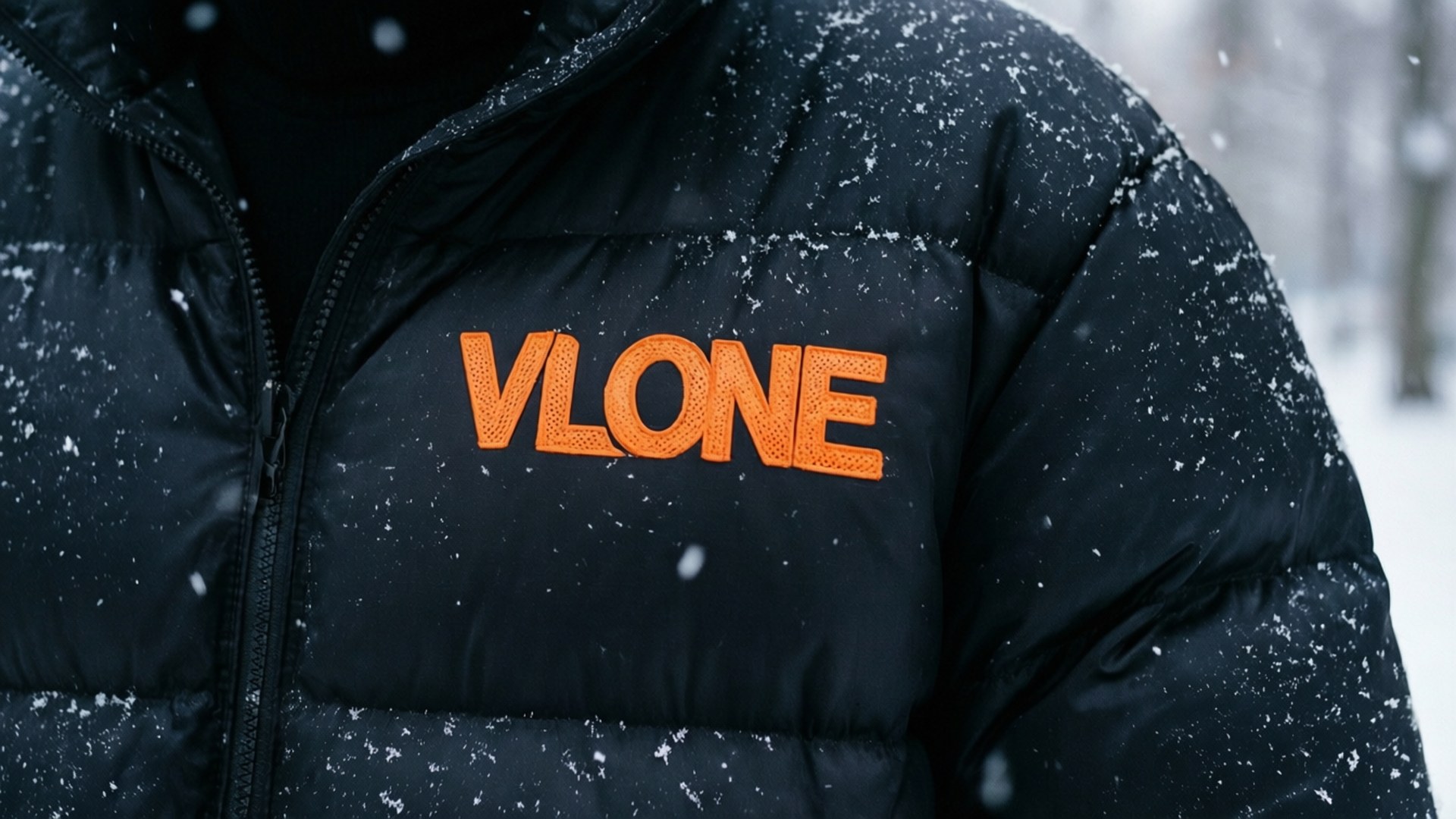 black puffer jacket, orange Vlone logo, falling snow, Full HD Desktop Wallpaper