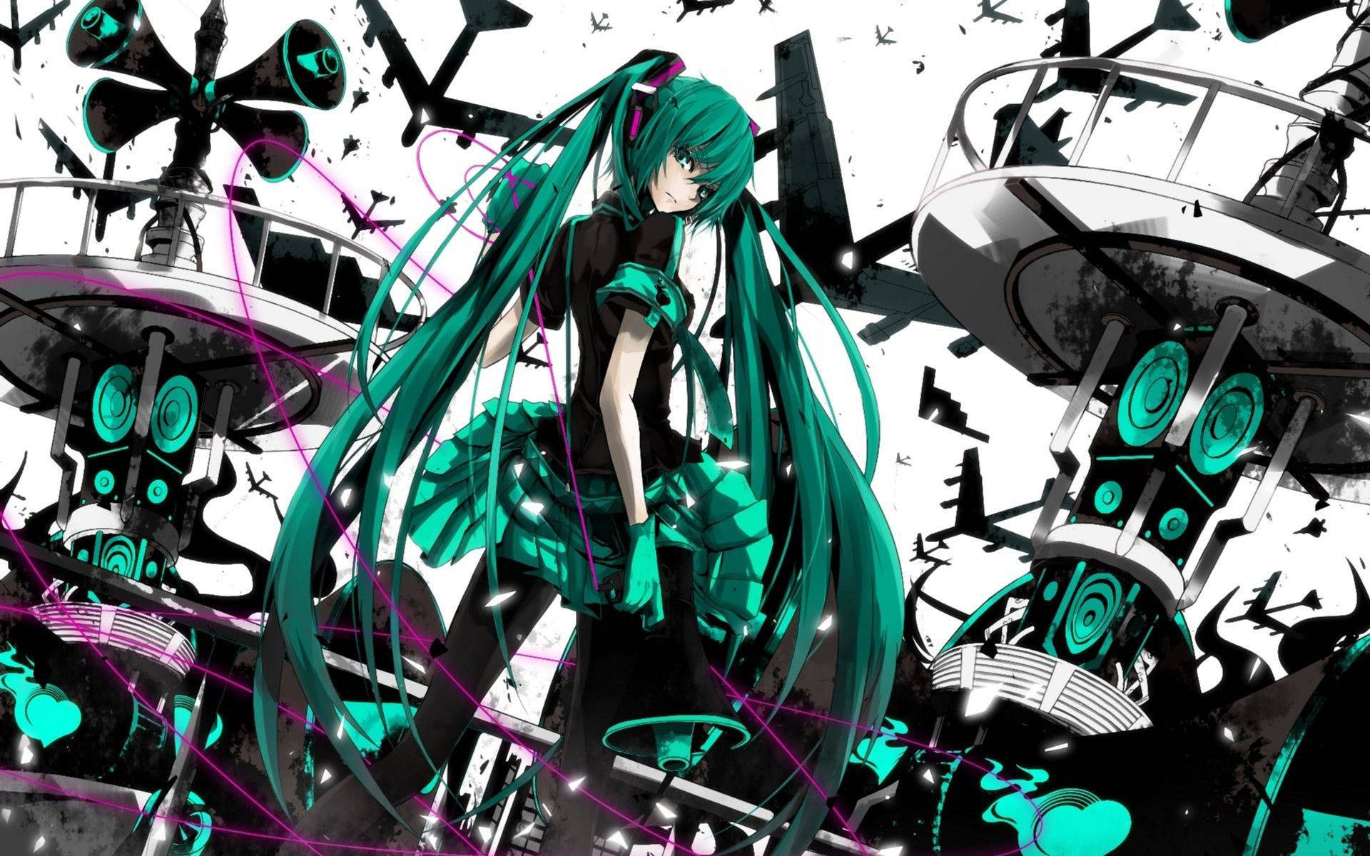 Vocaloid, teal-haired anime girl, shattered mechanical debris, Full HD Desktop Wallpaper