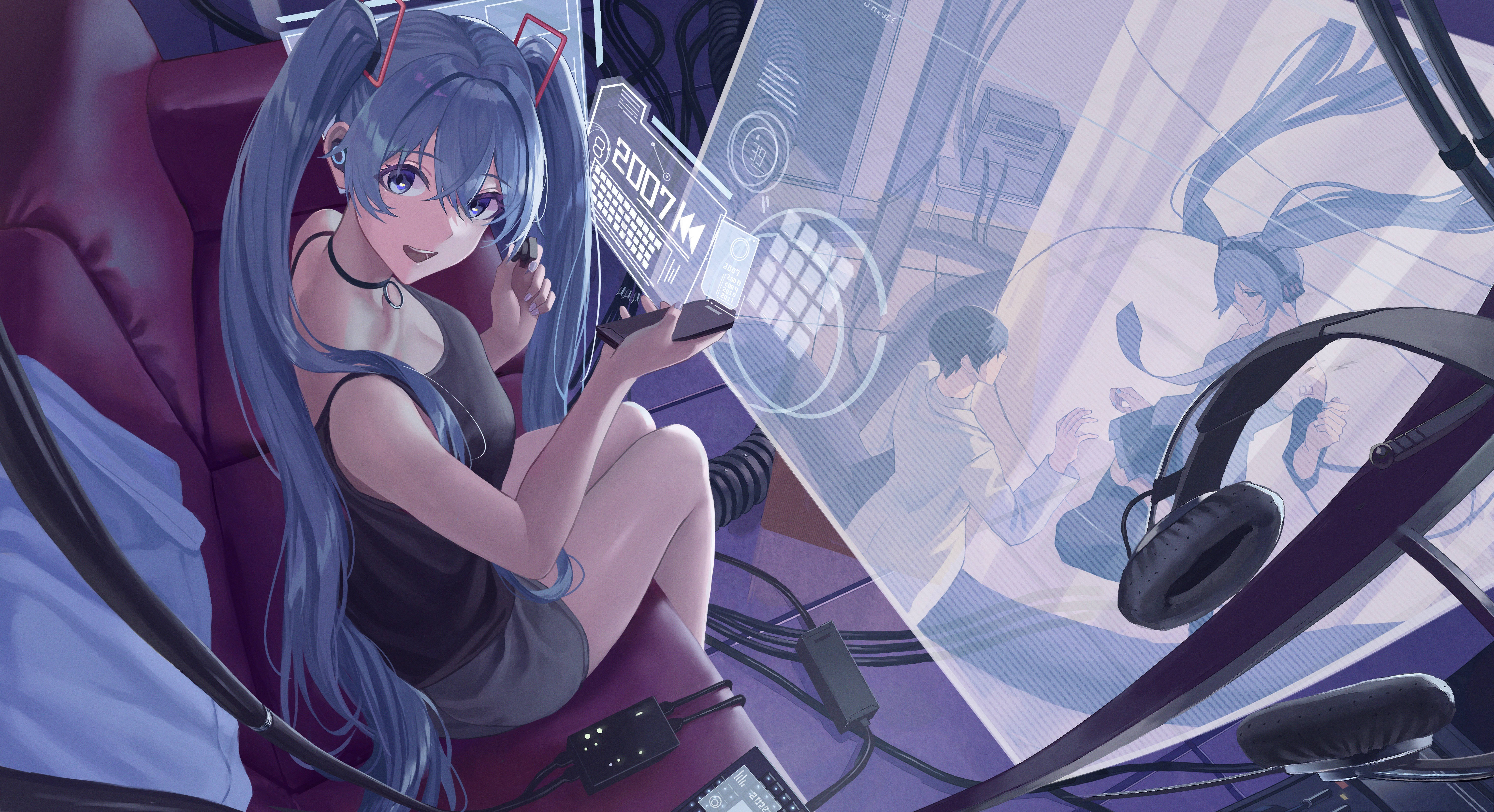 Vocaloid, blue-haired anime girl, gaming chair, 5K Desktop Wallpaper