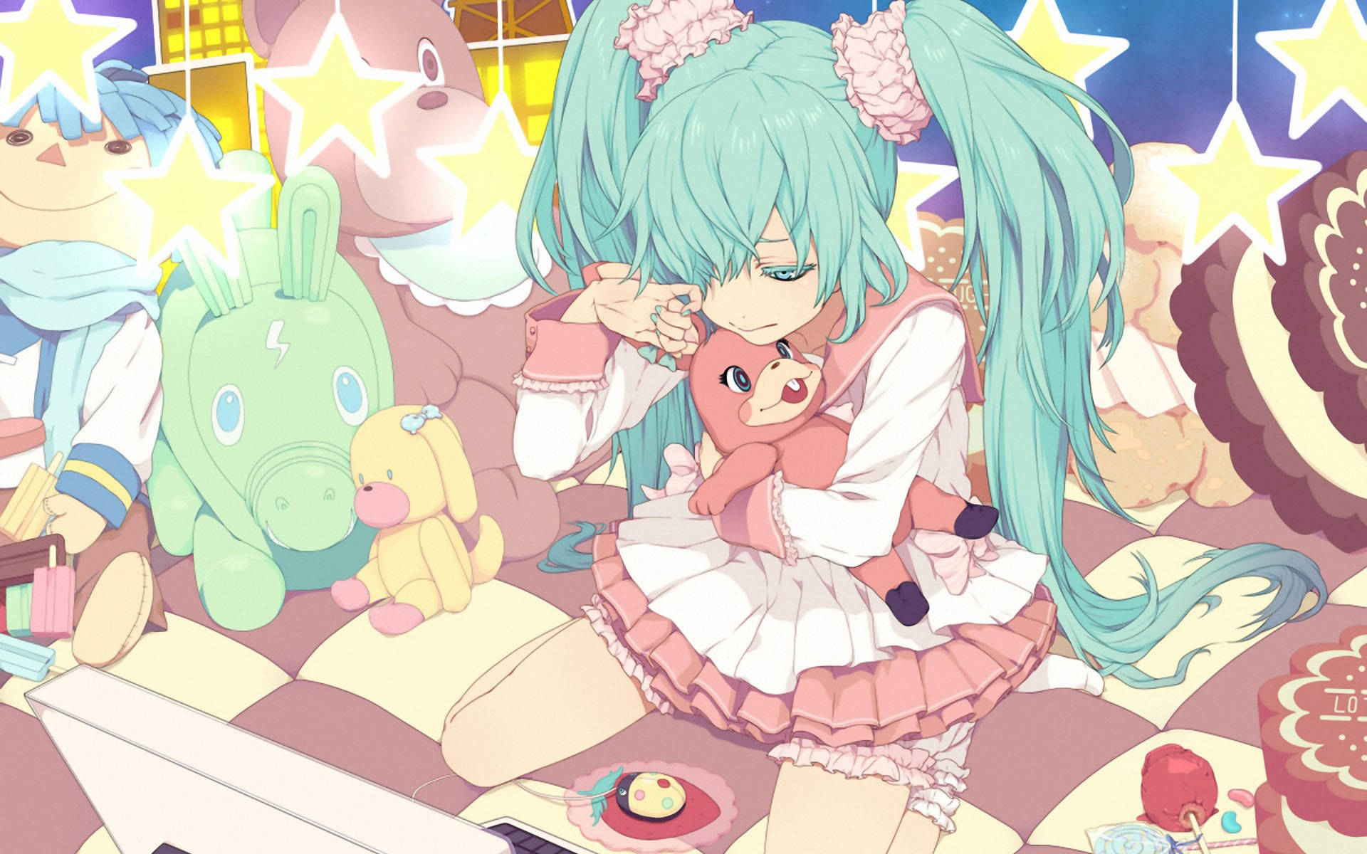 Vocaloid, teal-haired anime girl, pink frilly dress, Full HD Desktop Wallpaper