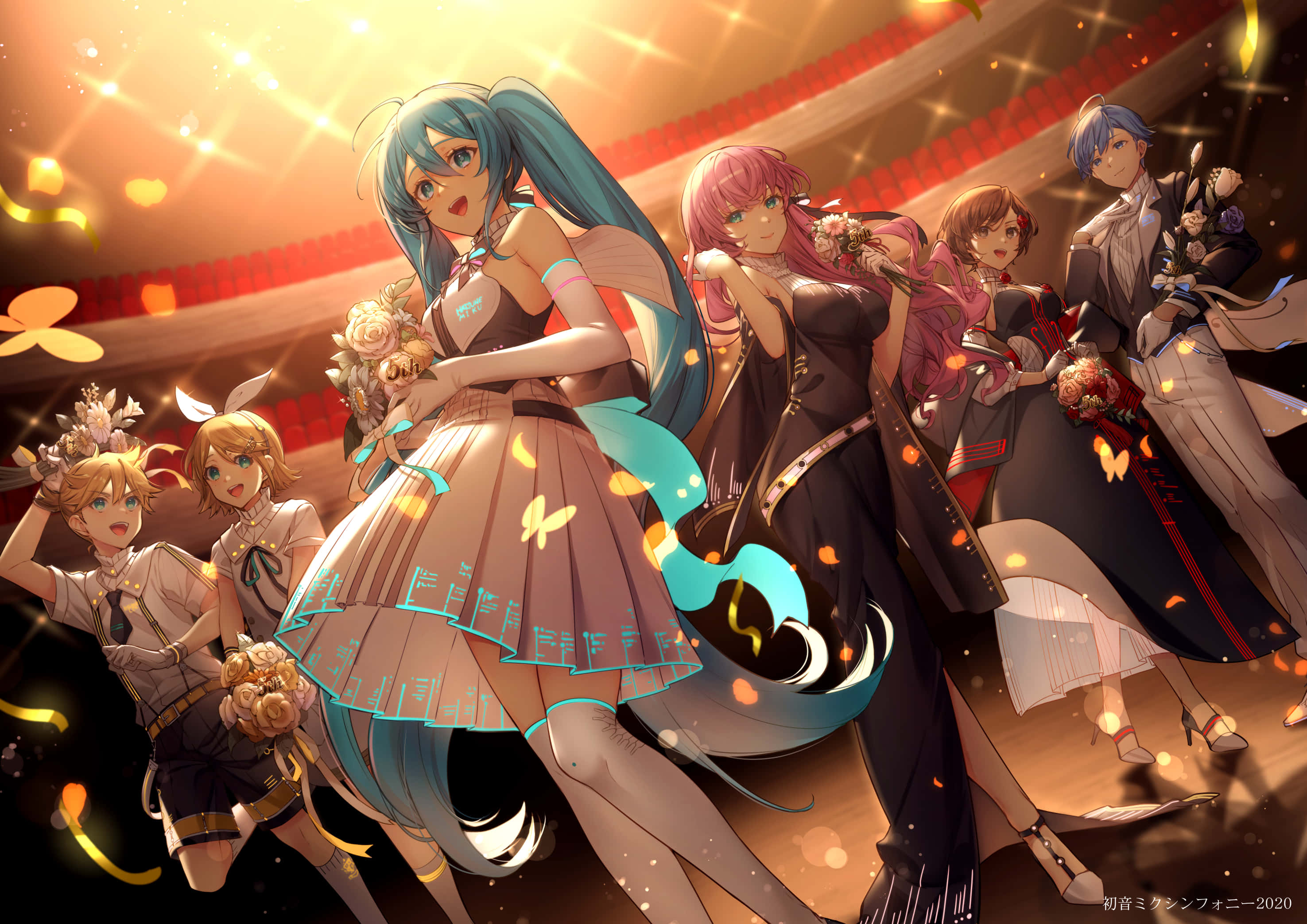 Vocaloid, anime group, elegant outfits, 2K Desktop Wallpaper