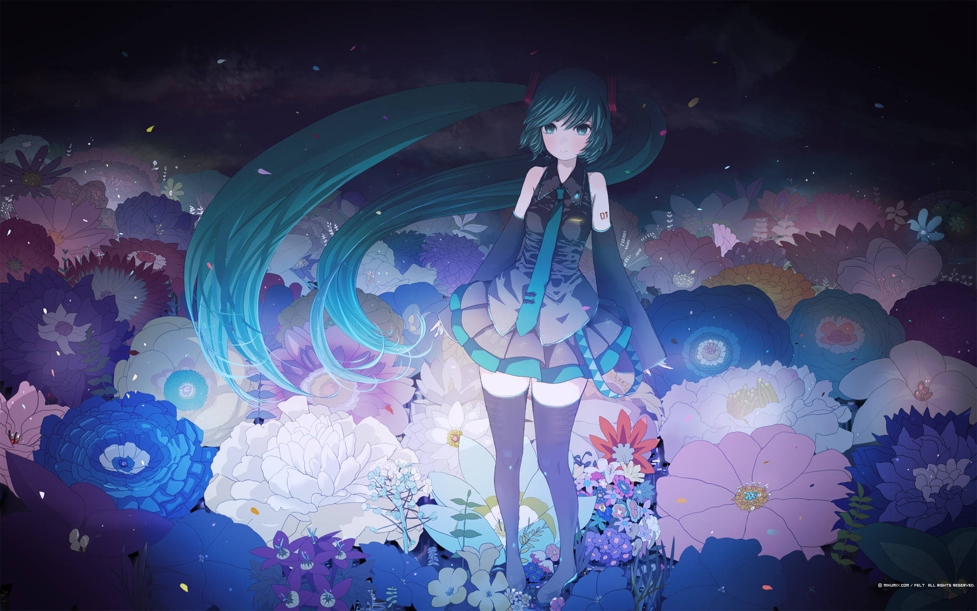 Vocaloid, turquoise hair, glowing oversized flowers, Full HD Desktop Wallpaper