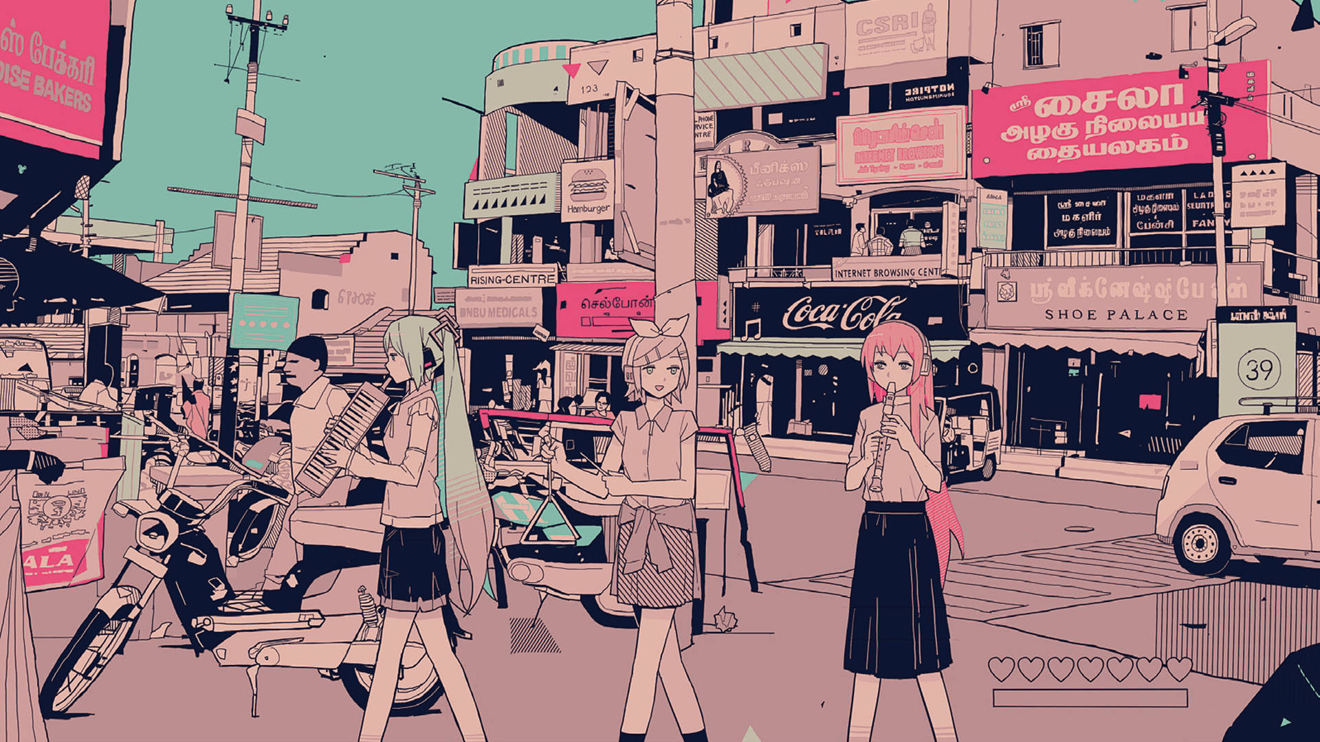 Vocaloid, cute retro anime aesthetic, teal sky, Full HD Desktop Wallpaper