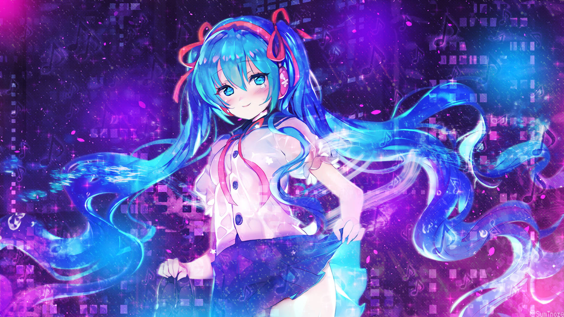 Vocaloid, blue hair, pink accents, Full HD Desktop Wallpaper
