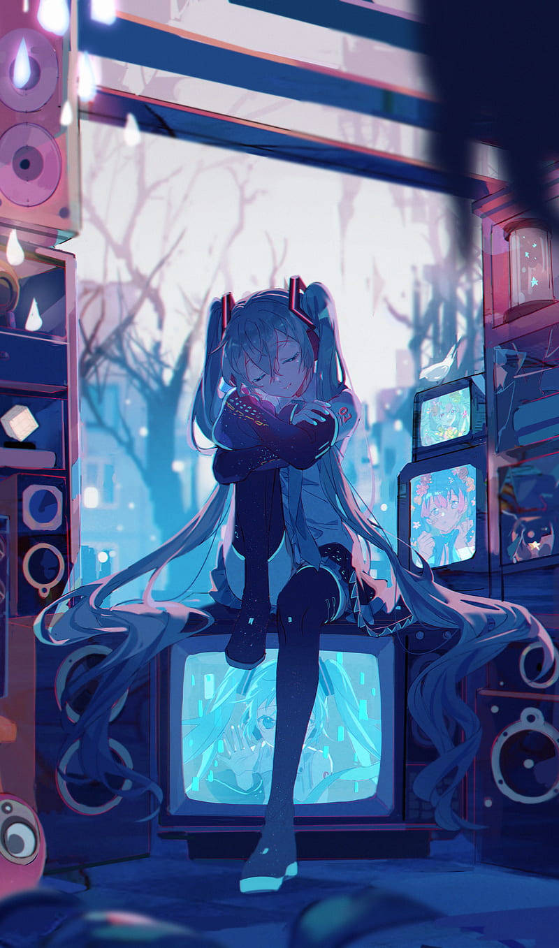 Vocaloid, blue-haired anime girl, glowing TV, HD Phone Wallpaper