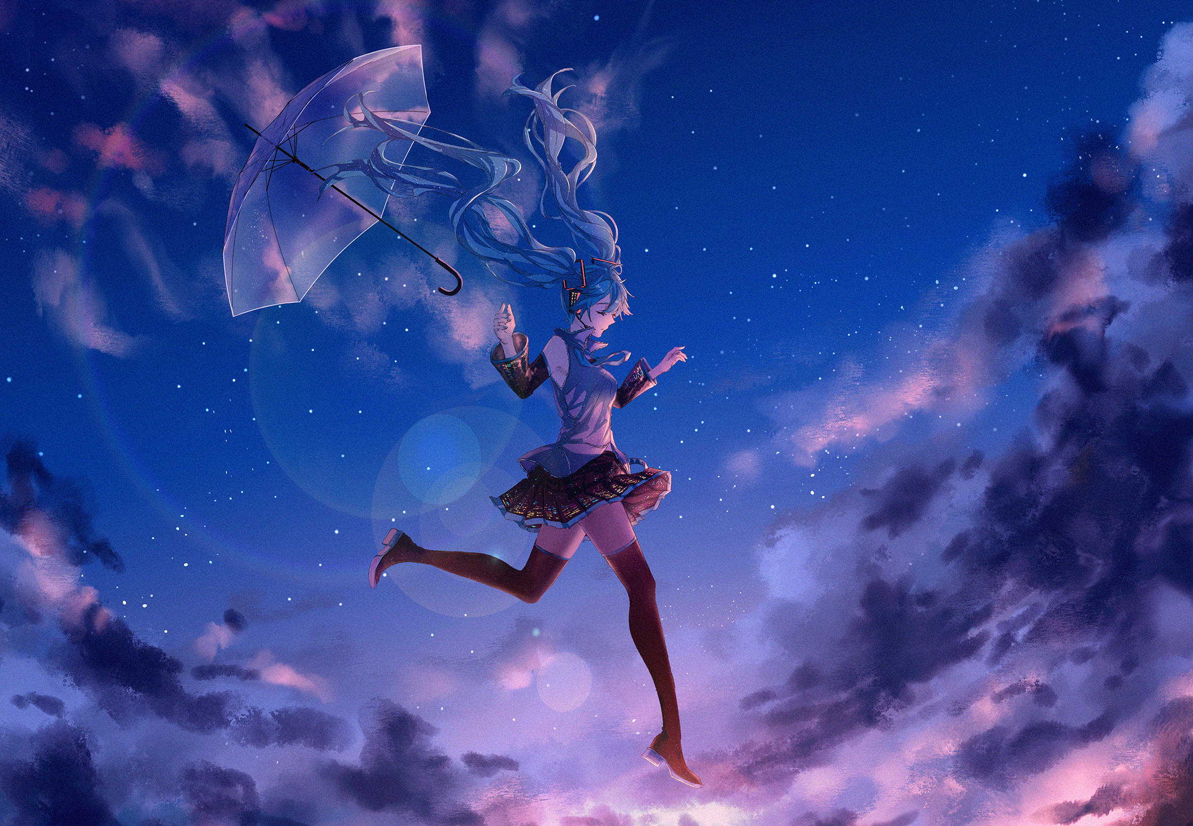 Vocaloid, blue-haired anime girl, starry twilight sky, Full HD Desktop Wallpaper