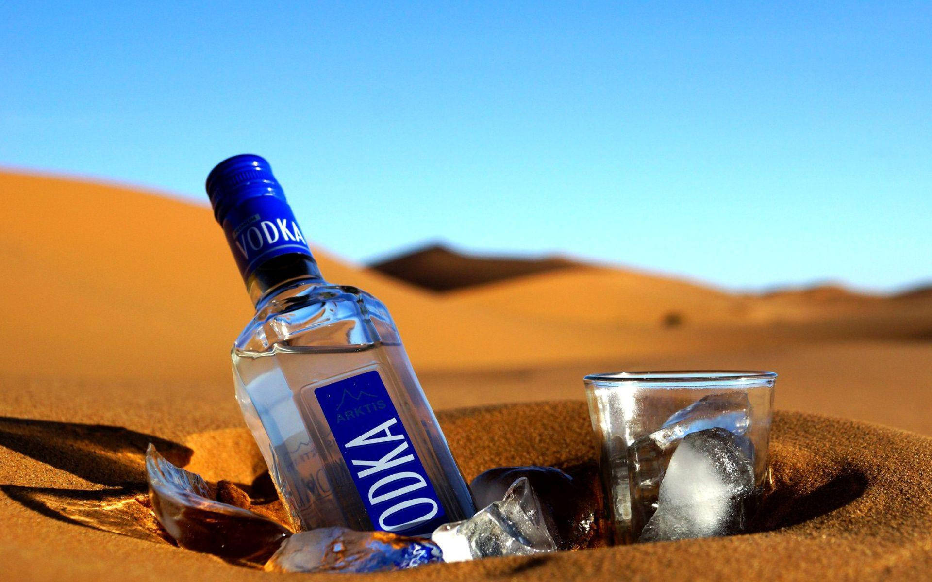 blue vodka bottle, glass with ice, desert sand, Full HD Desktop Wallpaper
