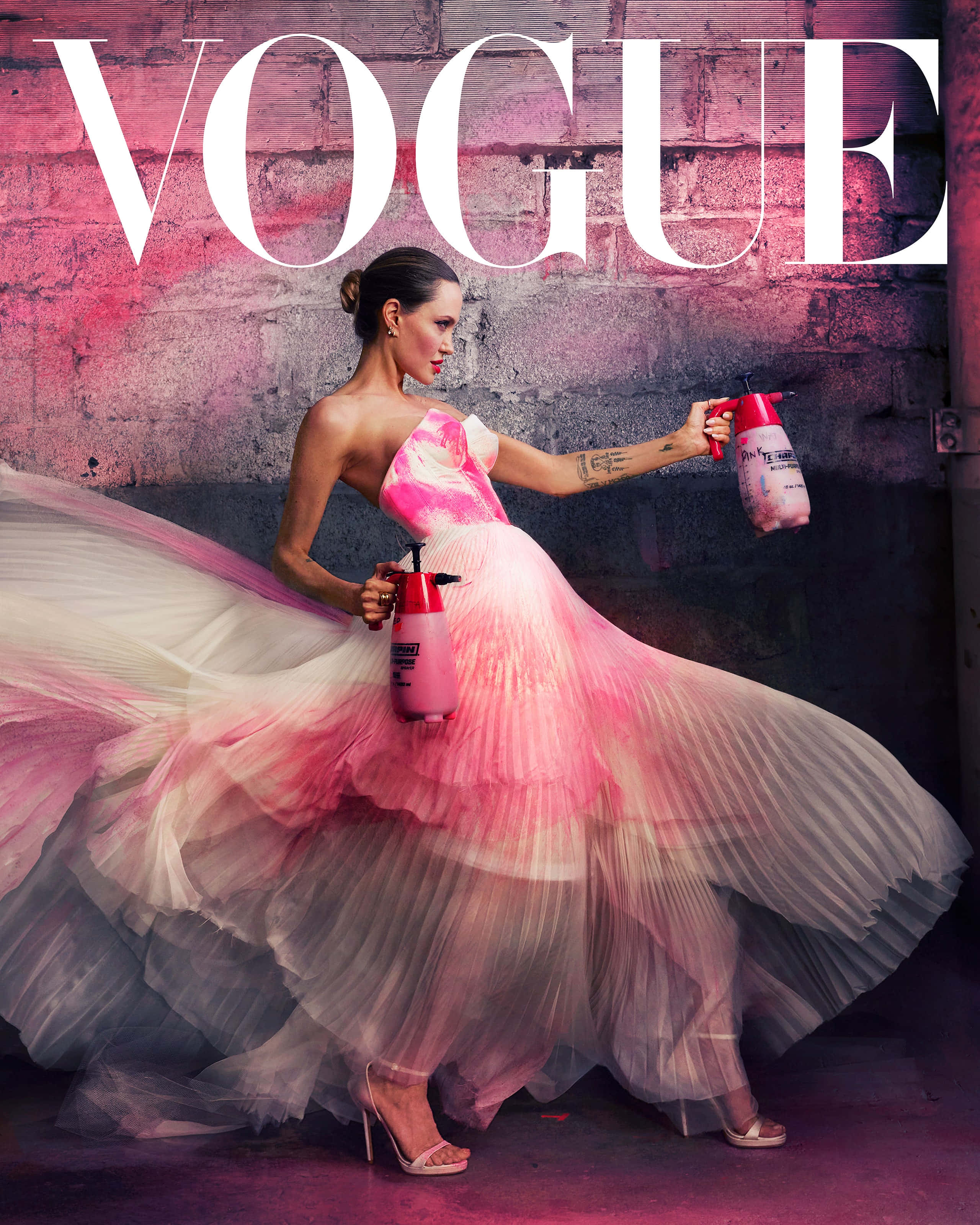 Vogue Aesthetic, pink and white gown, spray bottles, 2K Phone Wallpaper