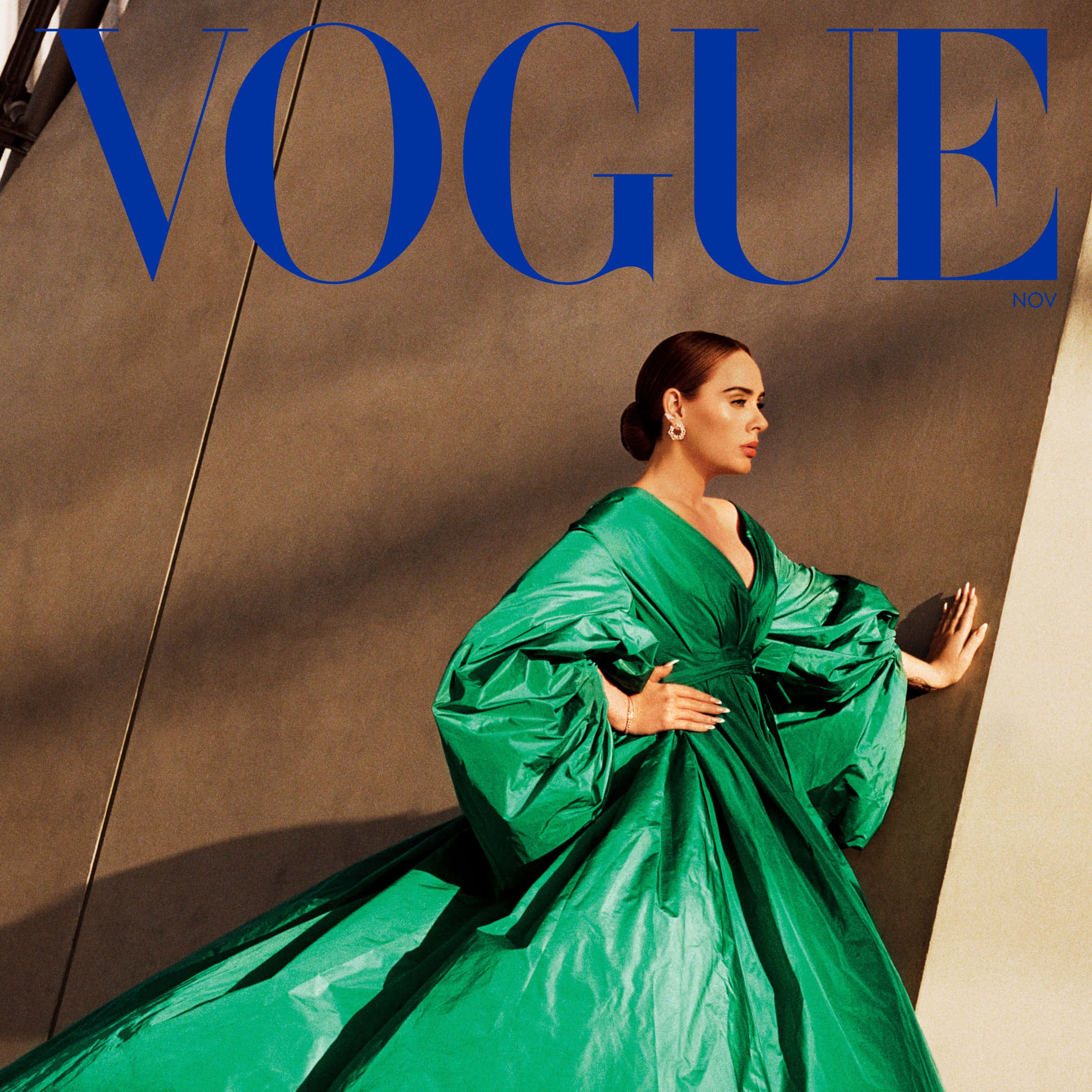 Vogue, emerald green gown, sunlit brown wall, Full HD Desktop Wallpaper