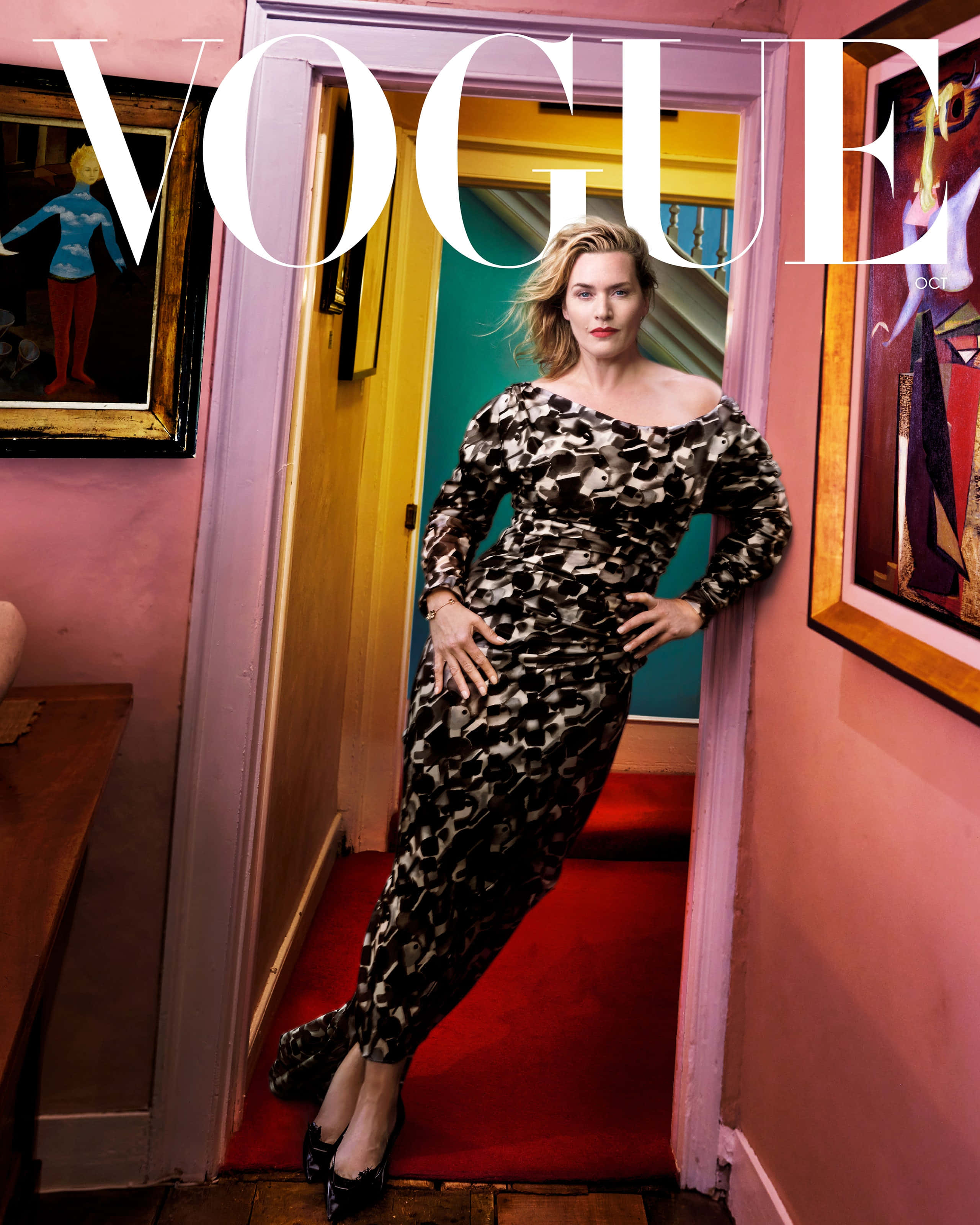 Vogue, black and white patterned dress, pink walls, 2K Phone Wallpaper
