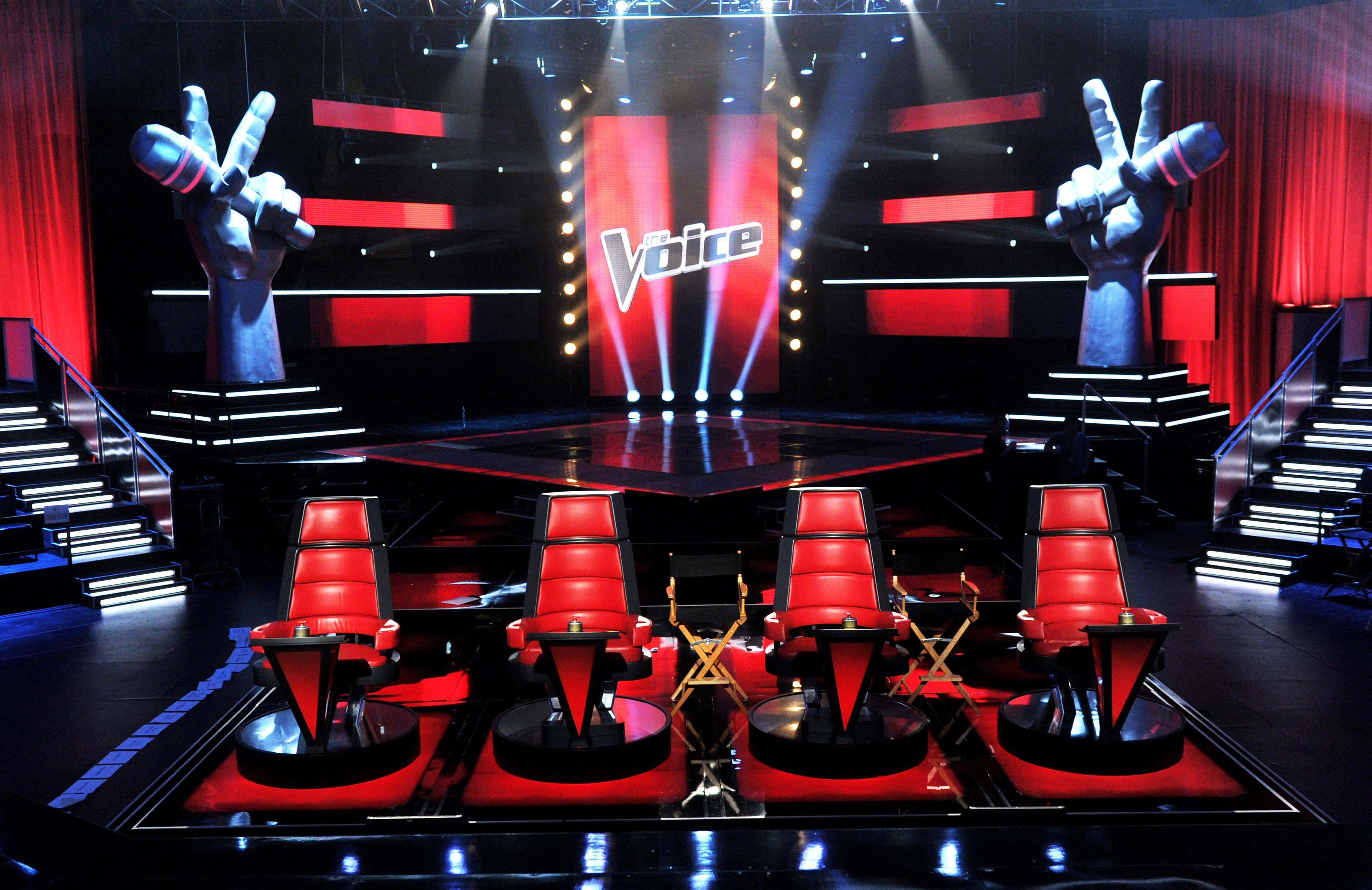 The Voice, red chairs, glowing logo, 4K Desktop Wallpaper