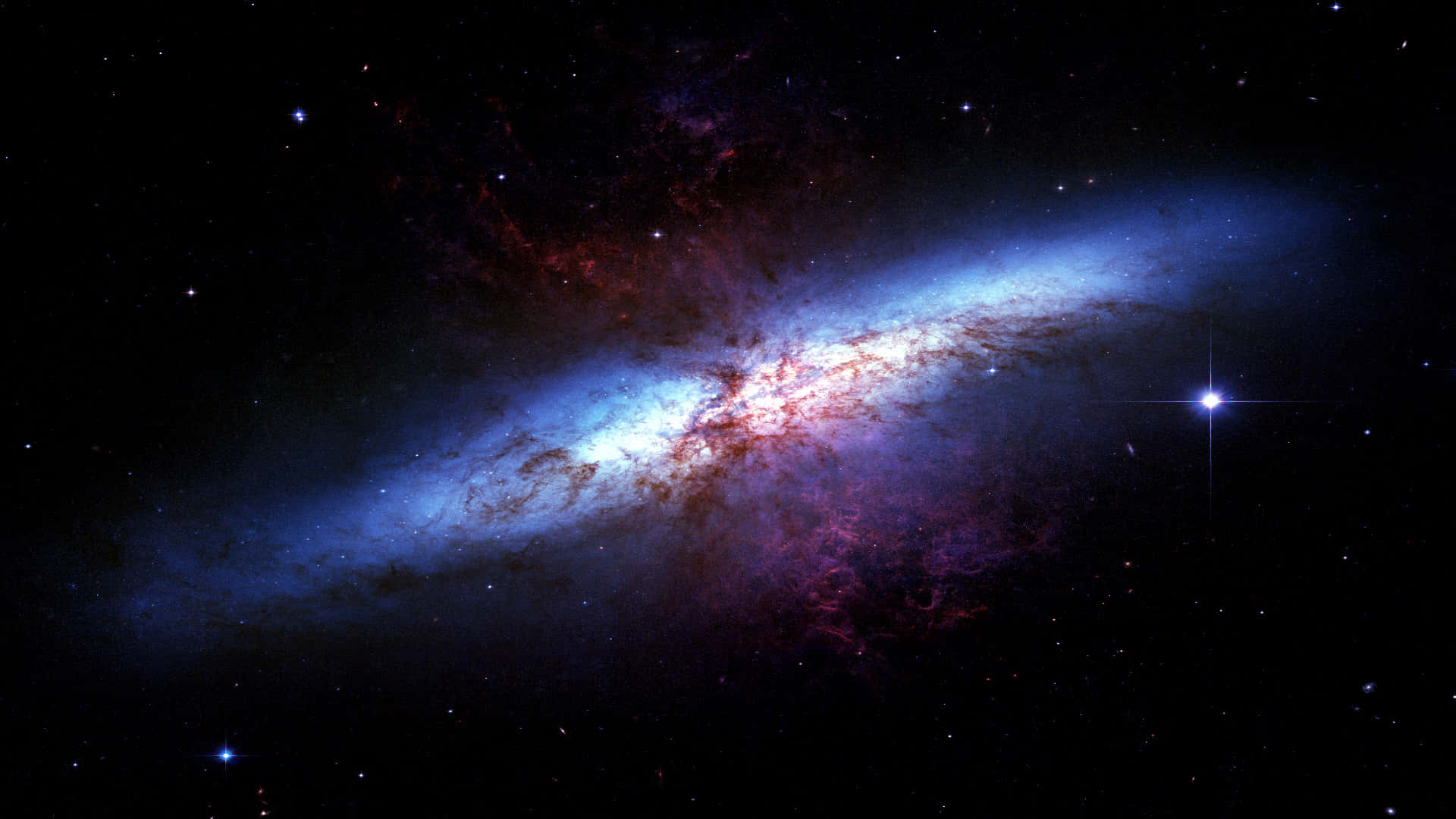 Spiral galaxy, Blue and red nebulae, Star-studded cosmic void, Full HD Desktop Wallpaper