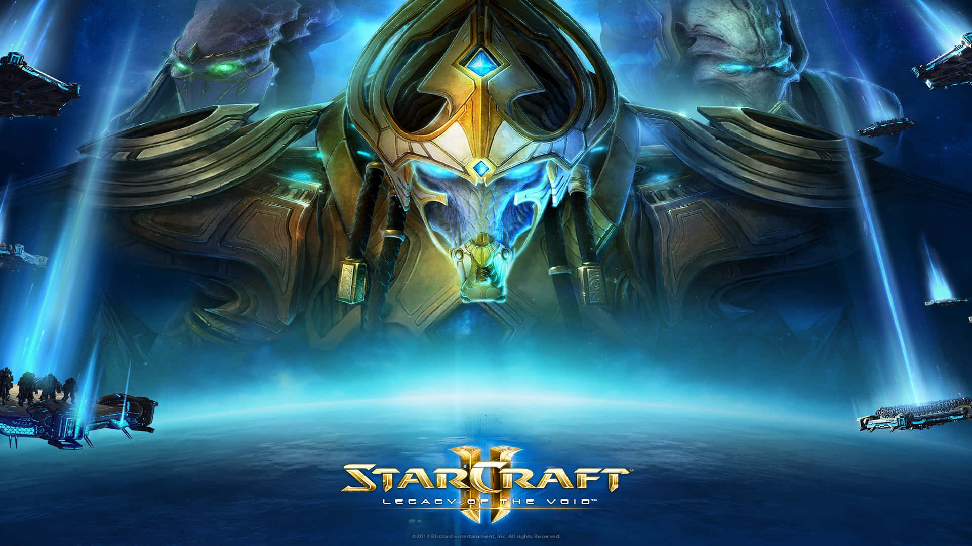Void, glowing blue eyes, golden armor, Full HD Desktop Wallpaper