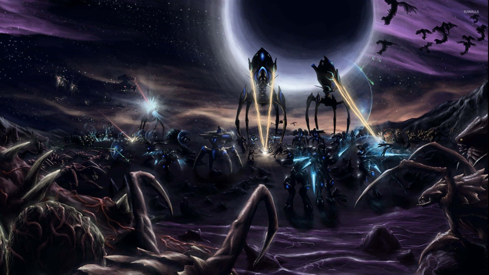 Void, alien war machines, glowing beams, Full HD Desktop Wallpaper