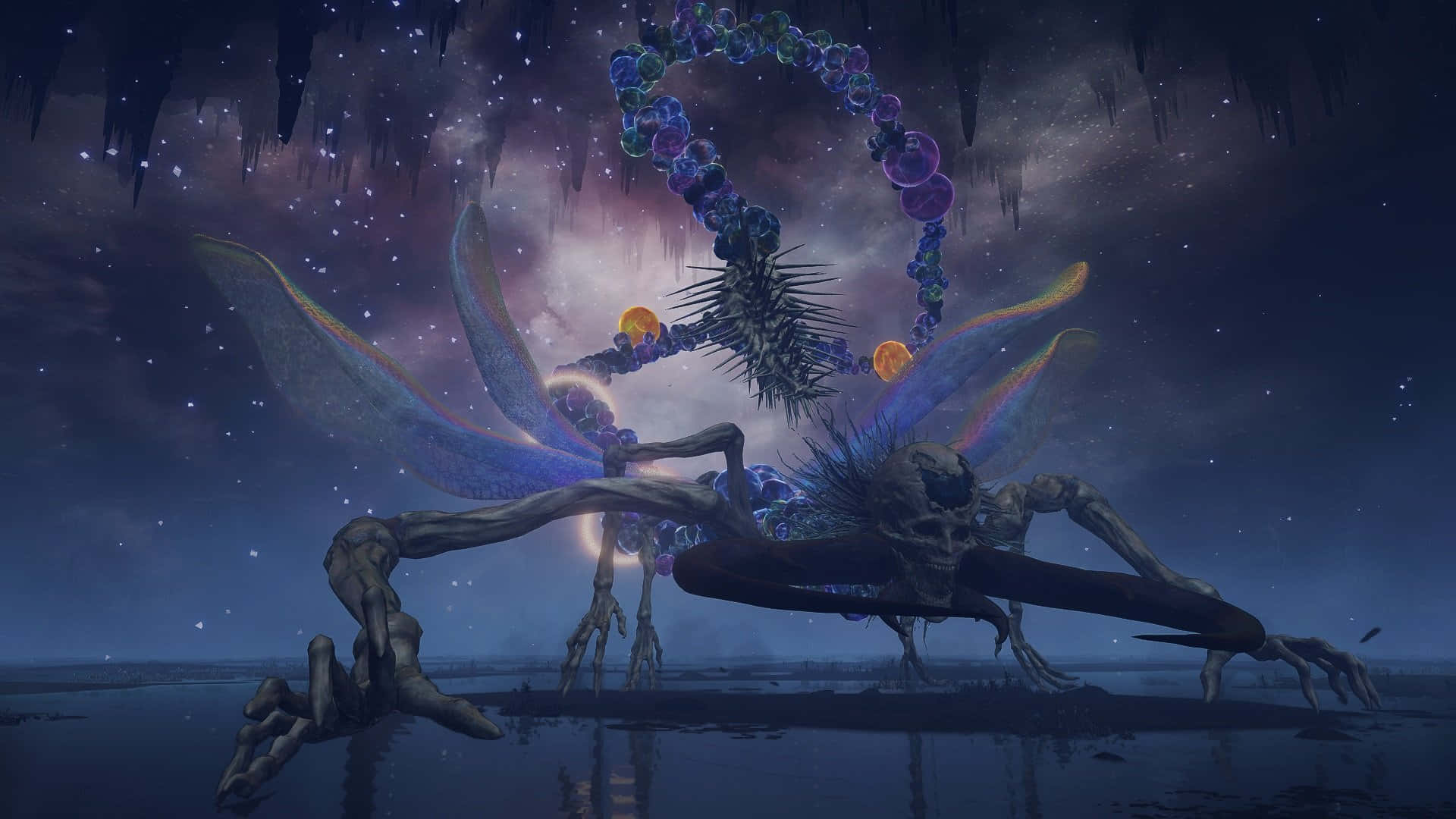 skeletal dragon, glowing wings, bubble crown, Full HD Desktop Wallpaper