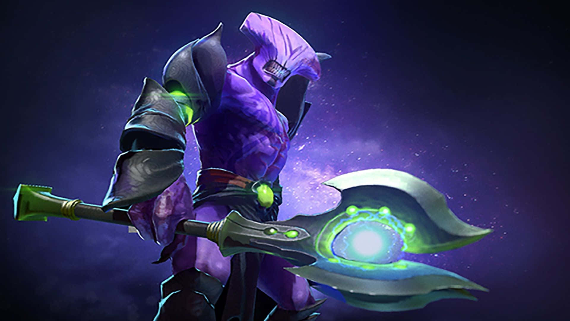 Void, purple armored warrior, glowing green eyes, Full HD Desktop Wallpaper