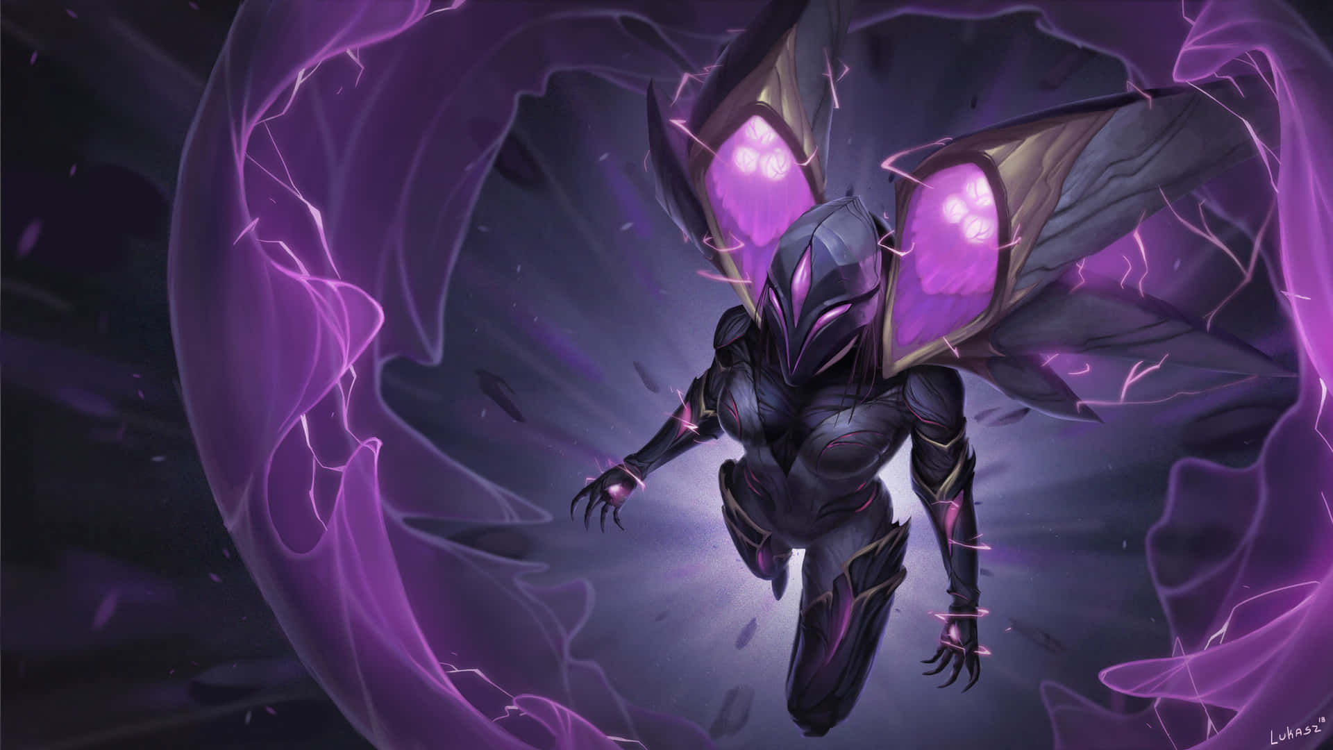 Void, glowing purple wings, lightning crackles, Full HD Desktop Wallpaper