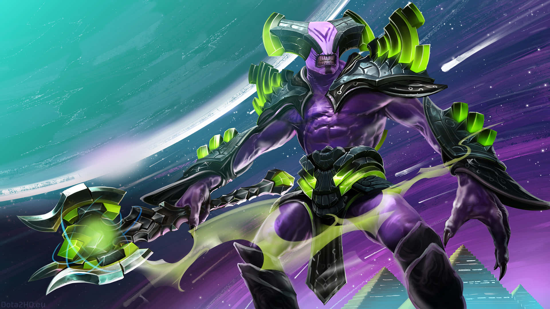 purple demon, glowing green armor, massive energy weapon, Full HD Desktop Wallpaper