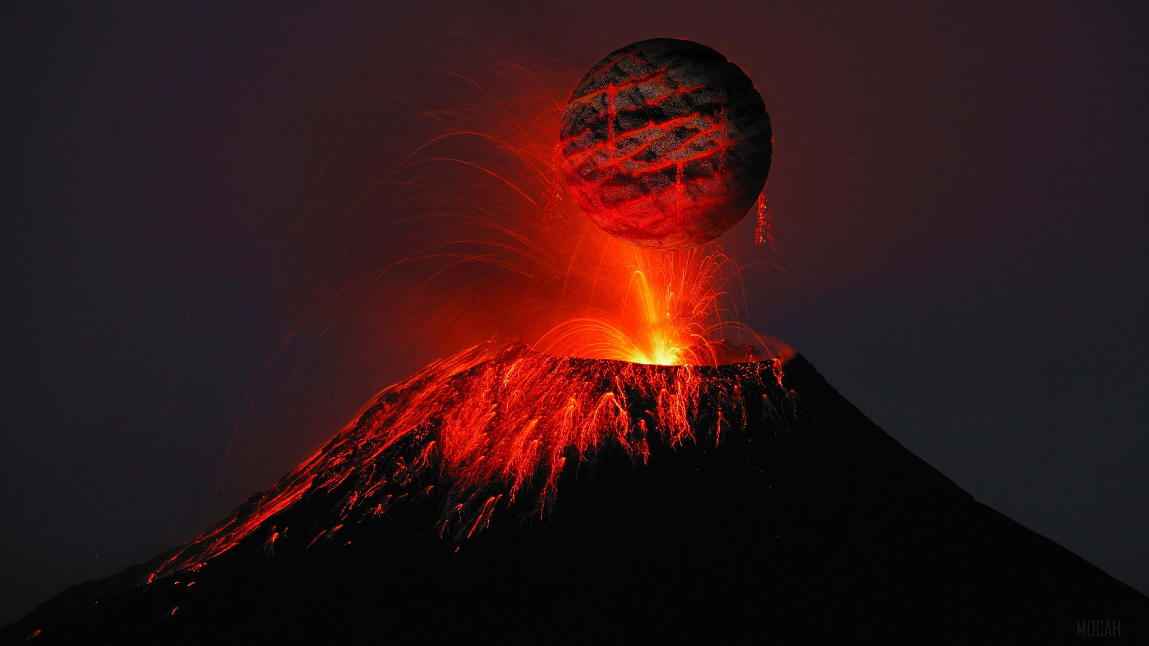 fiery erupting volcano, glowing red planet, crater, 4K Desktop Wallpaper