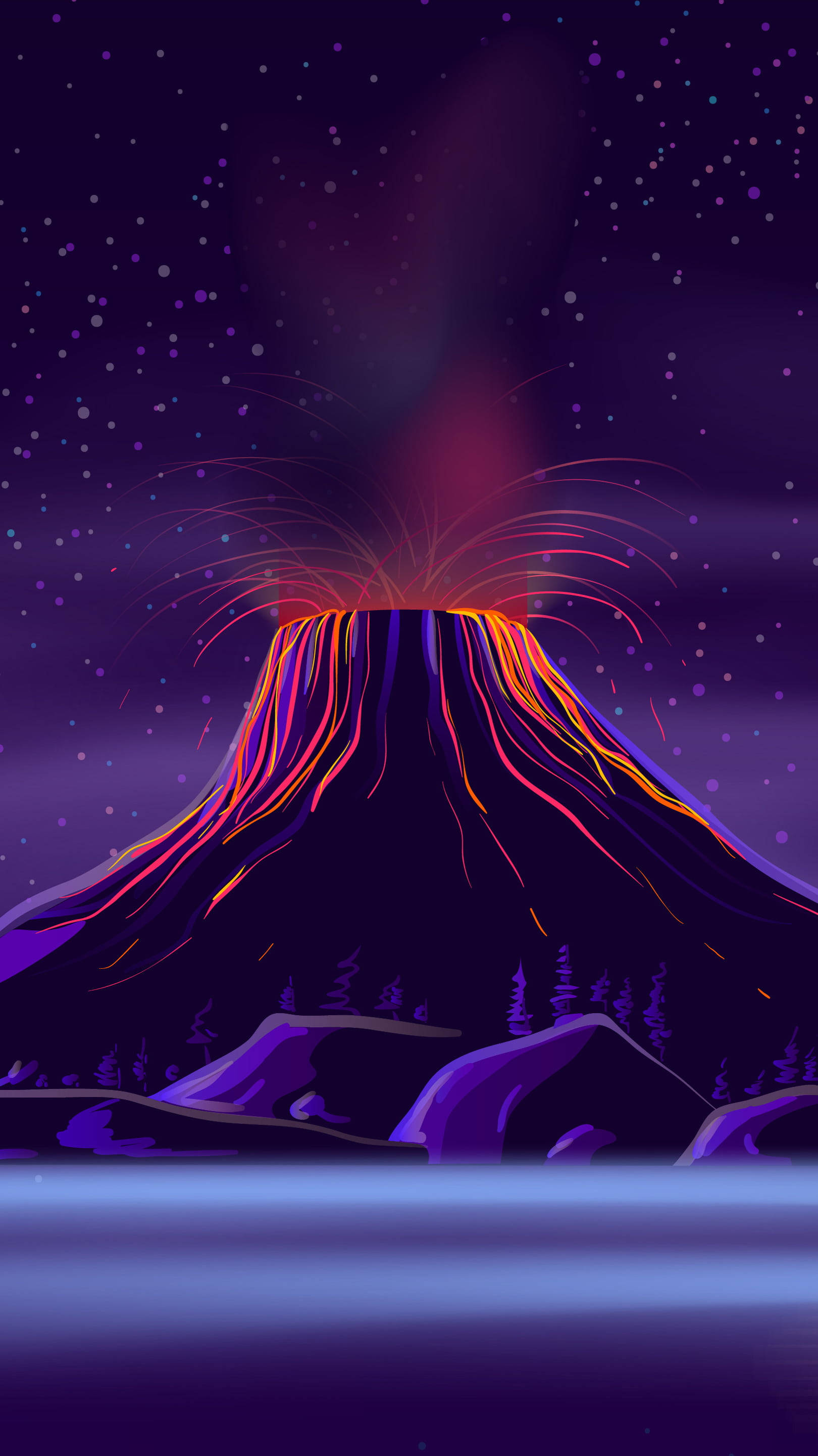 dark purple volcano, fiery orange lava, pink lava, 2K Phone Wallpaper