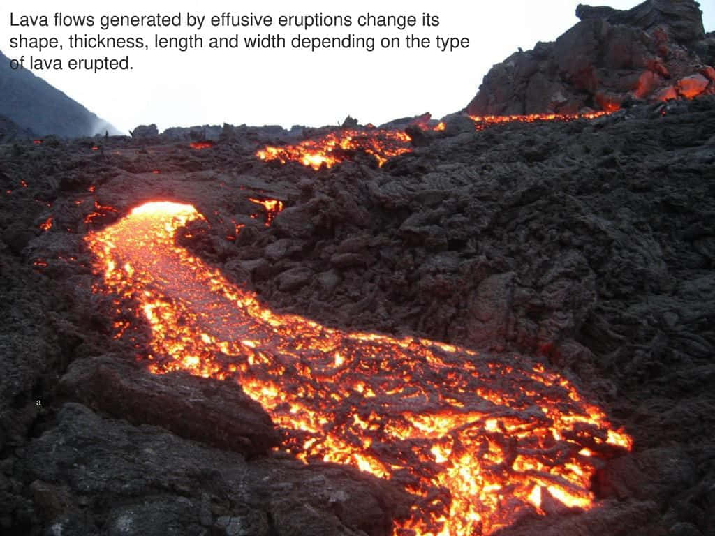 rocky mountain, glowing orange lava river, rugged black volcanic terrain, SD Desktop Wallpaper