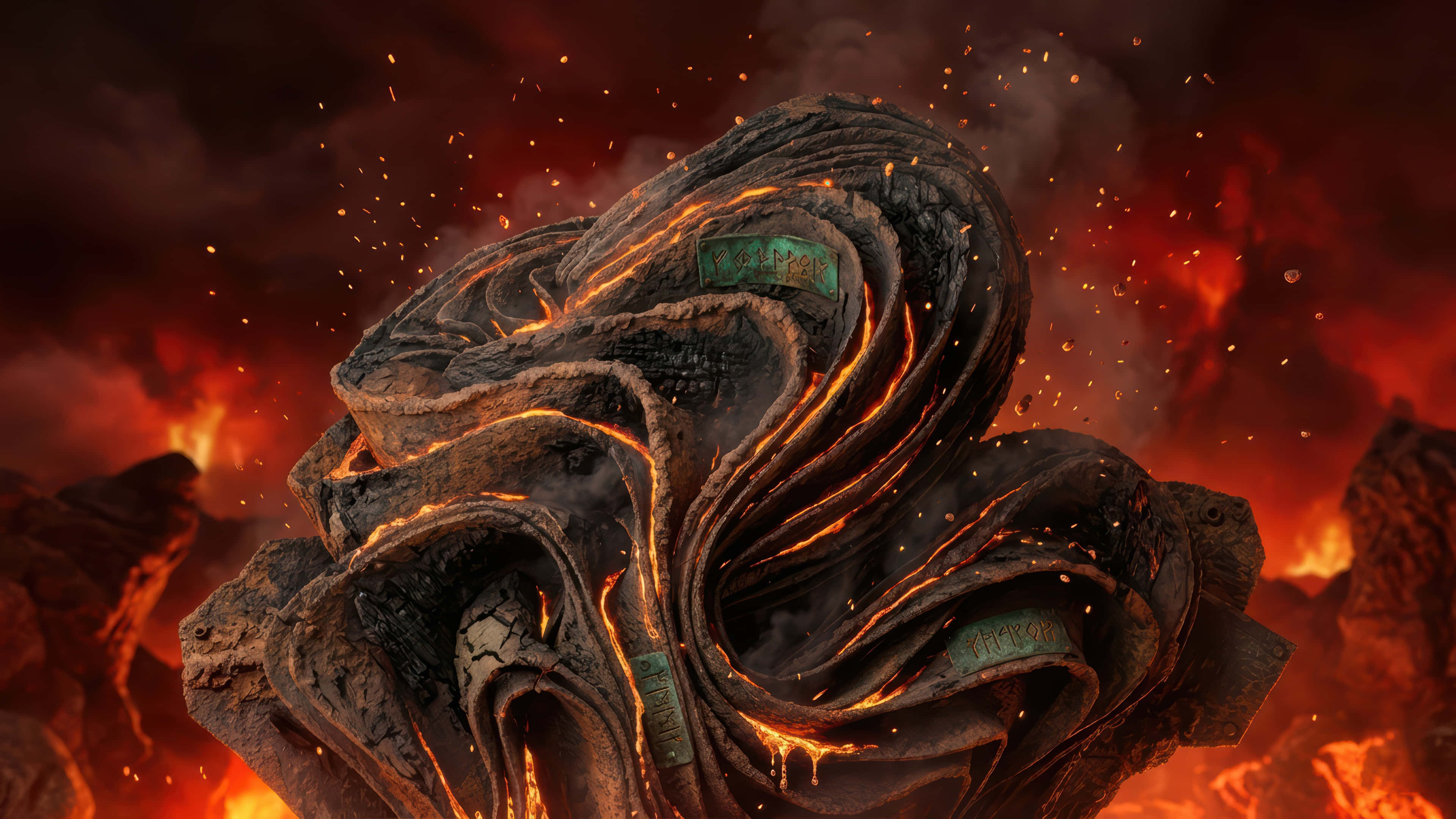Volcano, fire bloom, glowing orange lava veins, 4K Desktop Wallpaper