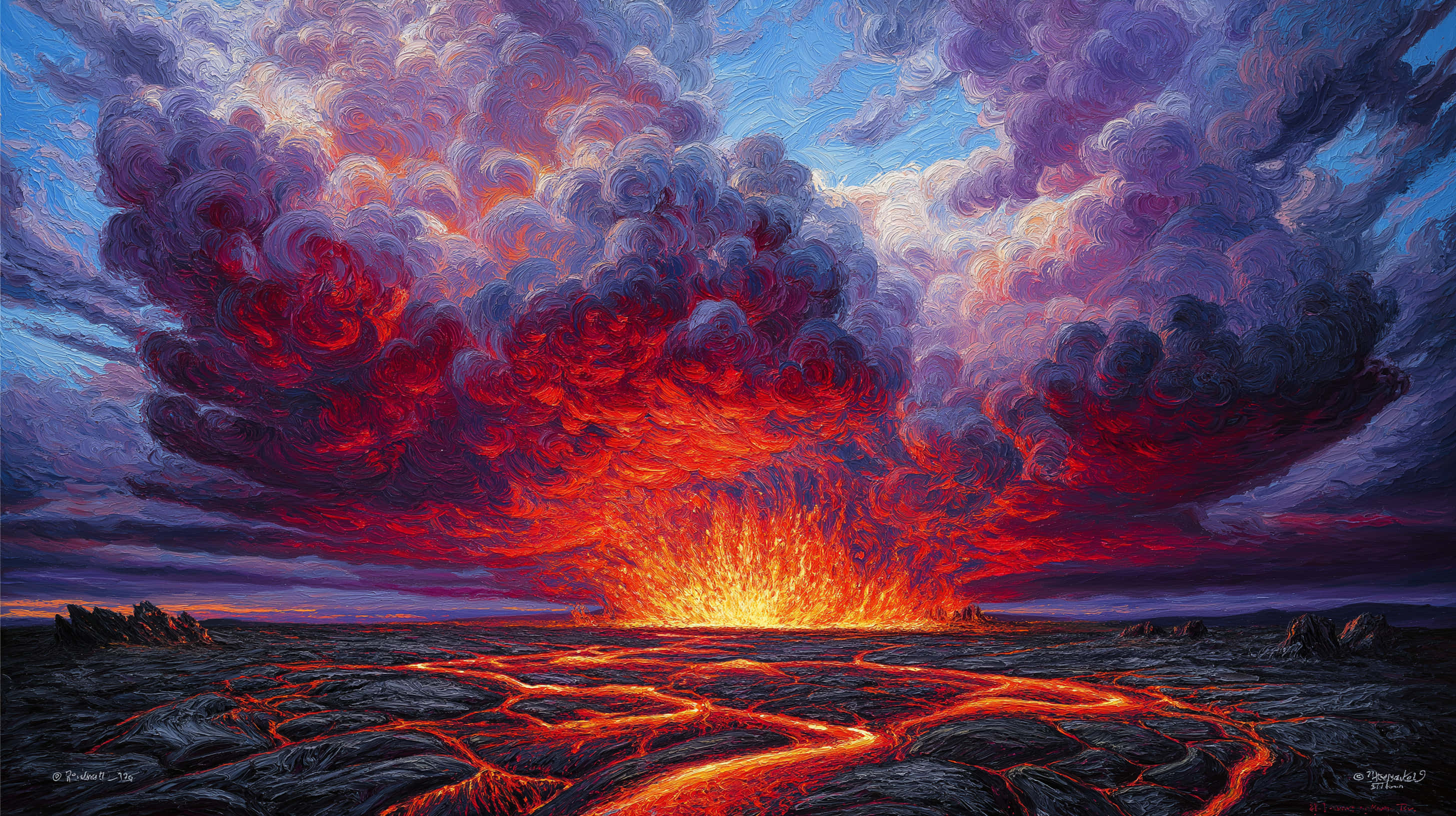 volcanic eruption, fiery lava rivers, blackened landscape, 2K Desktop Wallpaper
