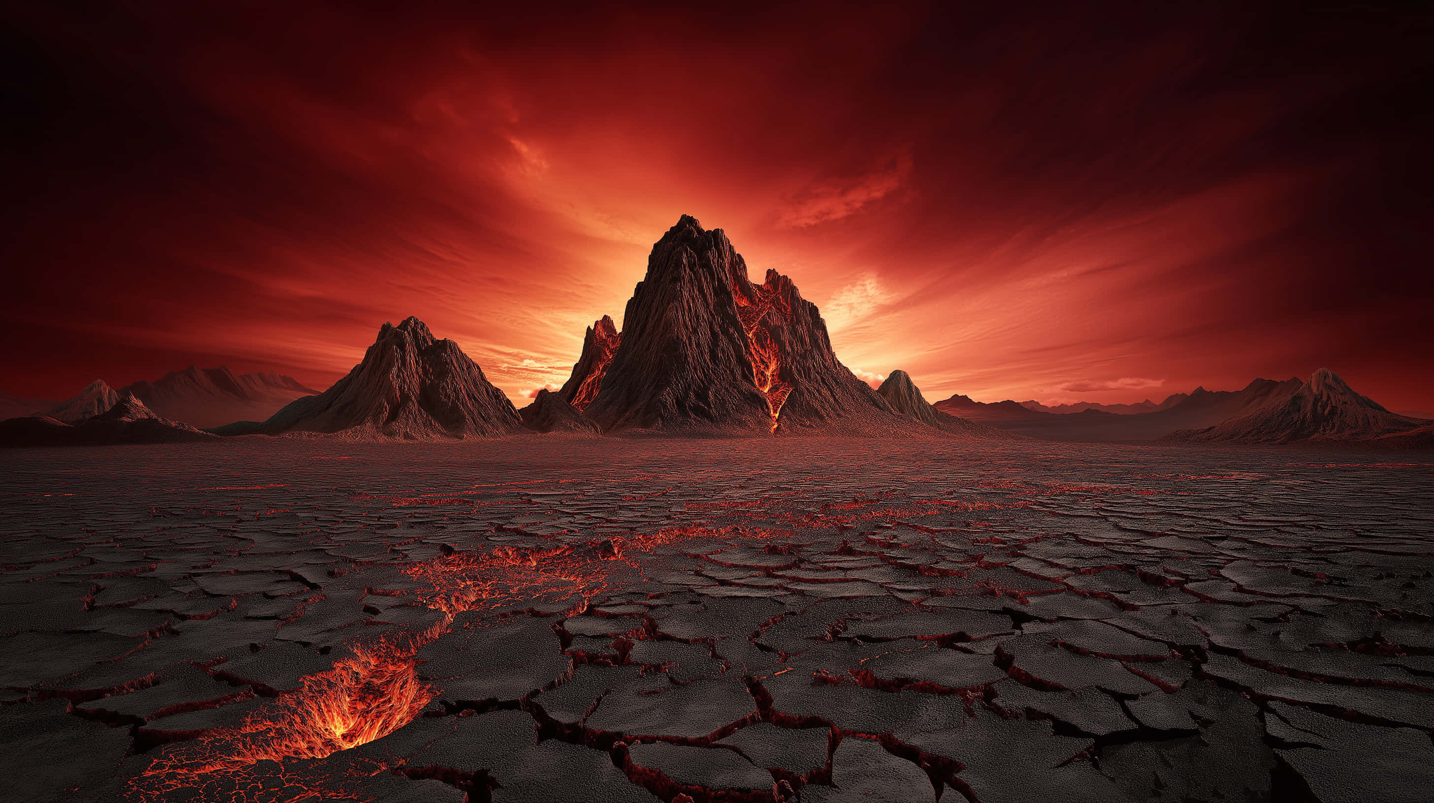 cracked desert landscape, jagged volcanic mountain, glowing lava, 2K Desktop Wallpaper
