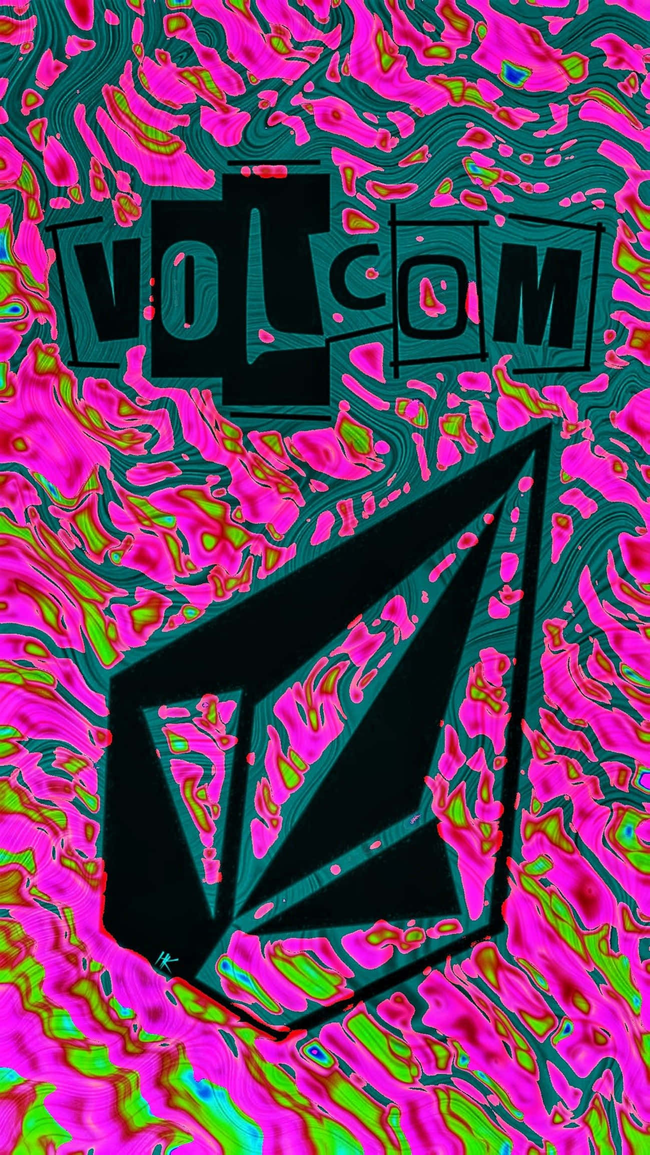Volcom logo, black geometric symbol, swirling pink green and teal background, Full HD Phone Wallpaper