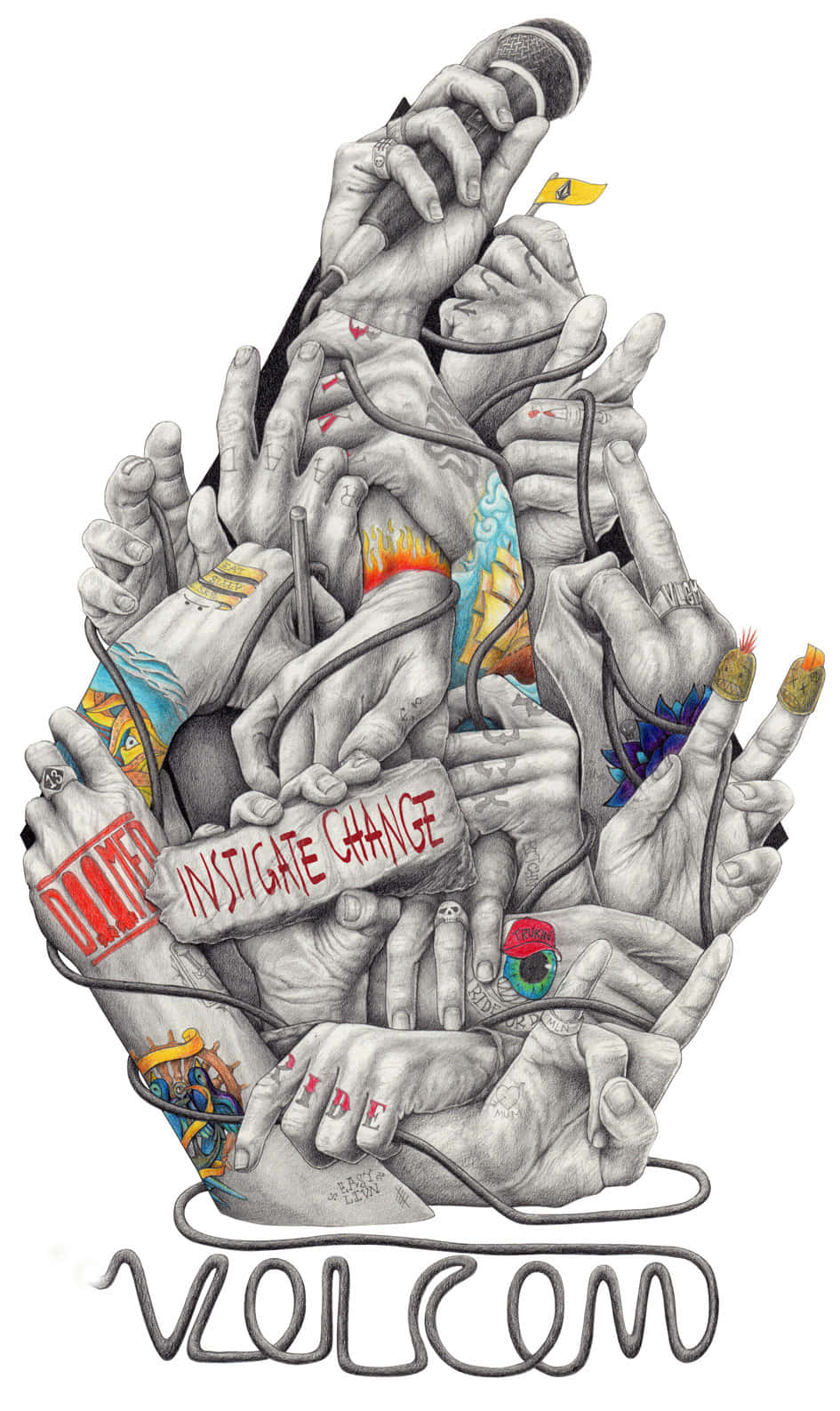 Volcom, hands, tattooed hands, HD Phone Wallpaper