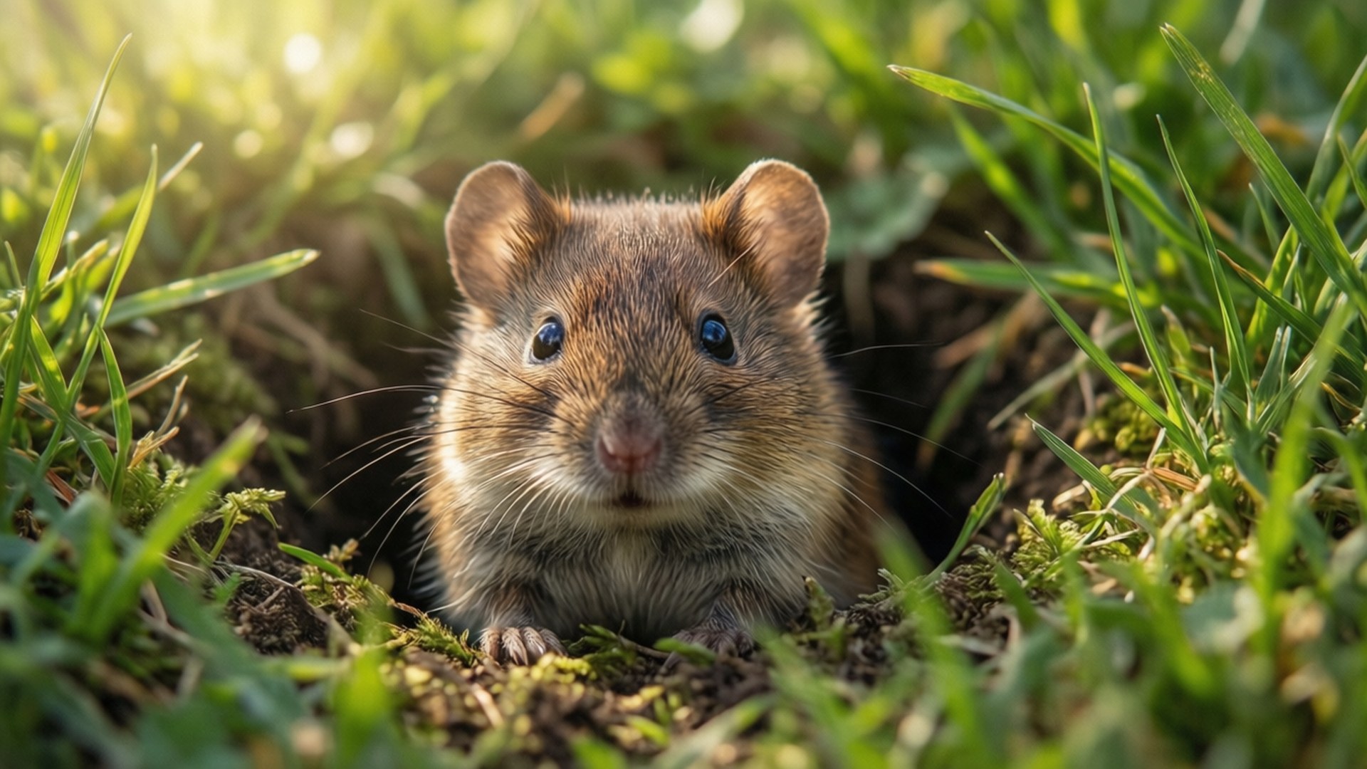 vole, brown mouse, bright blue eyes, Full HD Desktop Wallpaper