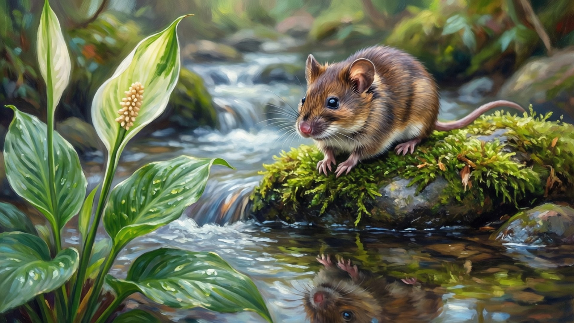 Vole, brook, mossy rock, Full HD Desktop Wallpaper