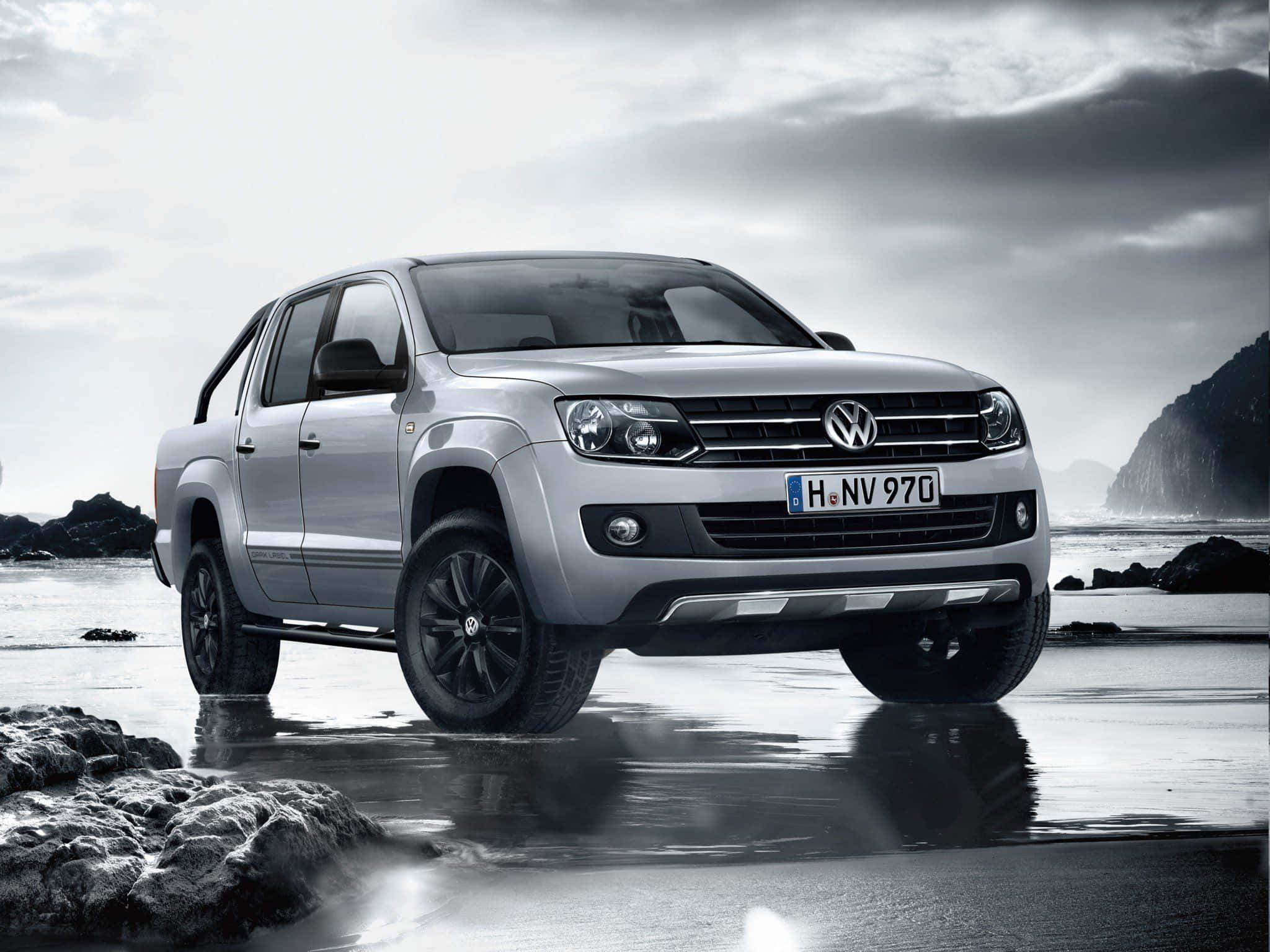 Volkswagen Amarok, silver, wet rocky beach, Full HD Desktop Wallpaper