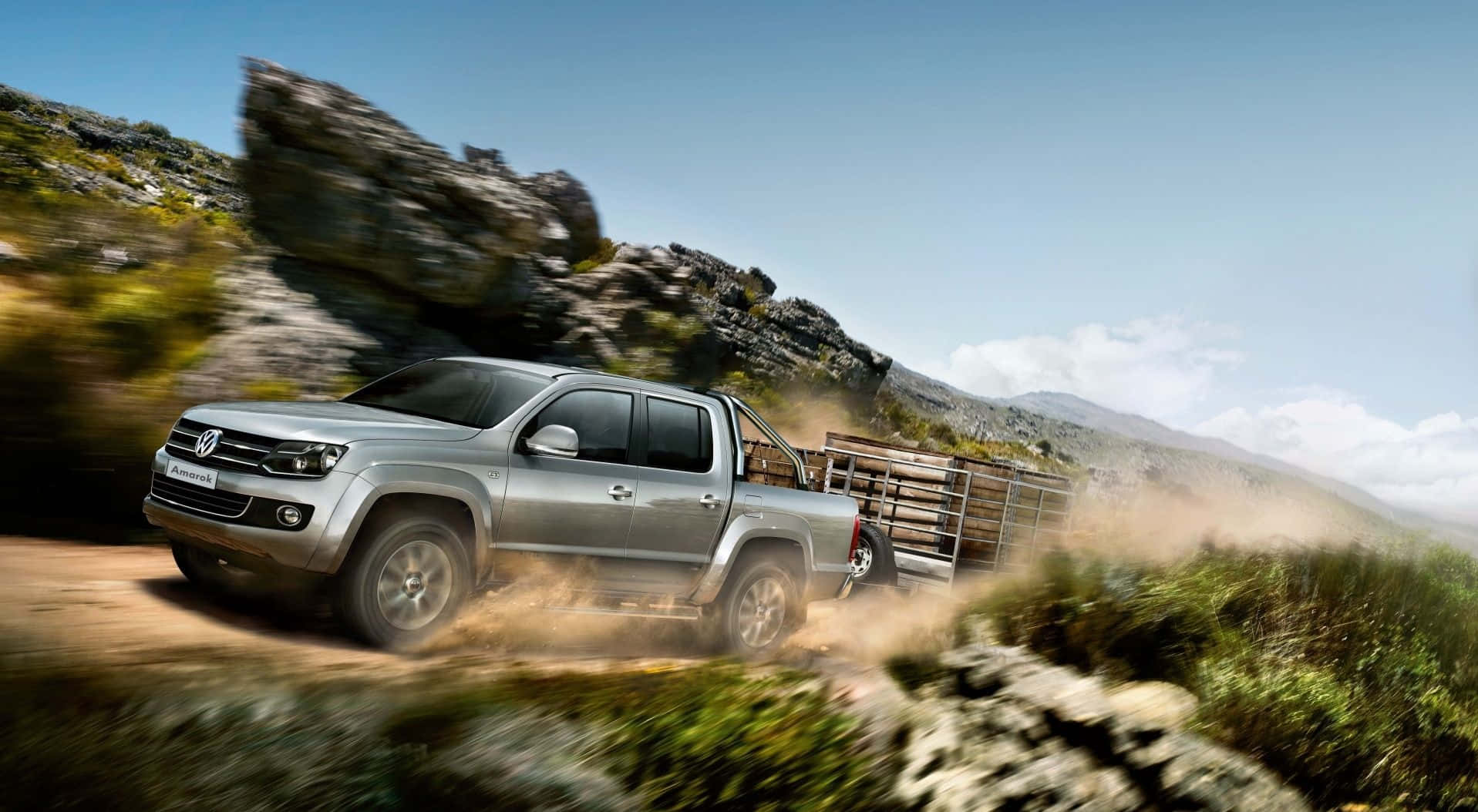 Volkswagen Amarok, silver, rugged mountain dirt road, HD Desktop Wallpaper