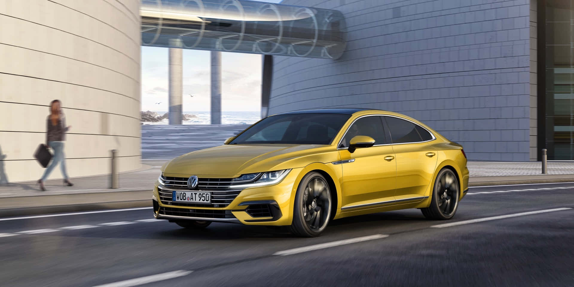 Volkswagen Arteon, vibrant yellow, modern urban street, Full HD Desktop Wallpaper