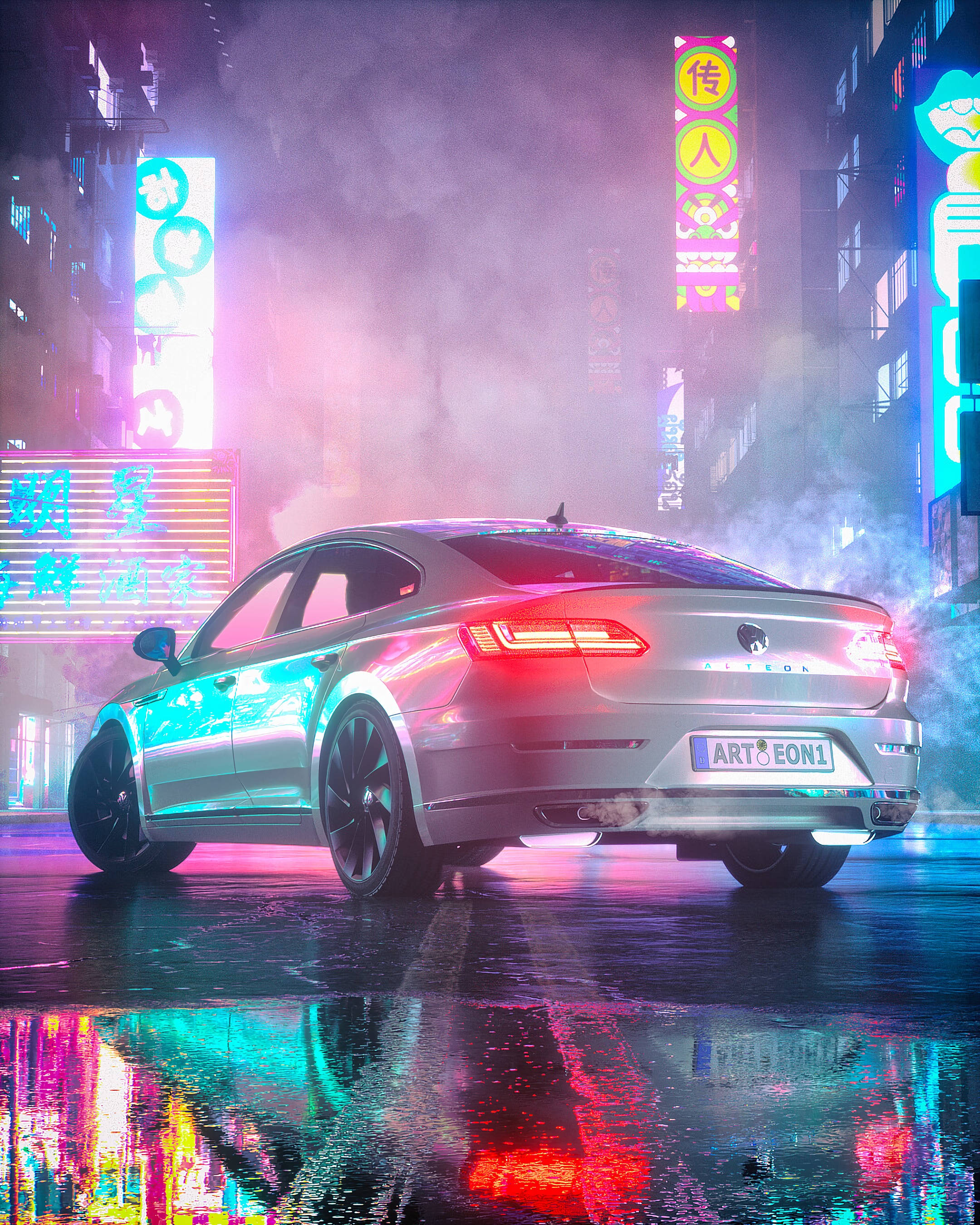 Volkswagen Arteon, neon-drenched, rain-soaked city street, 2K Phone Wallpaper