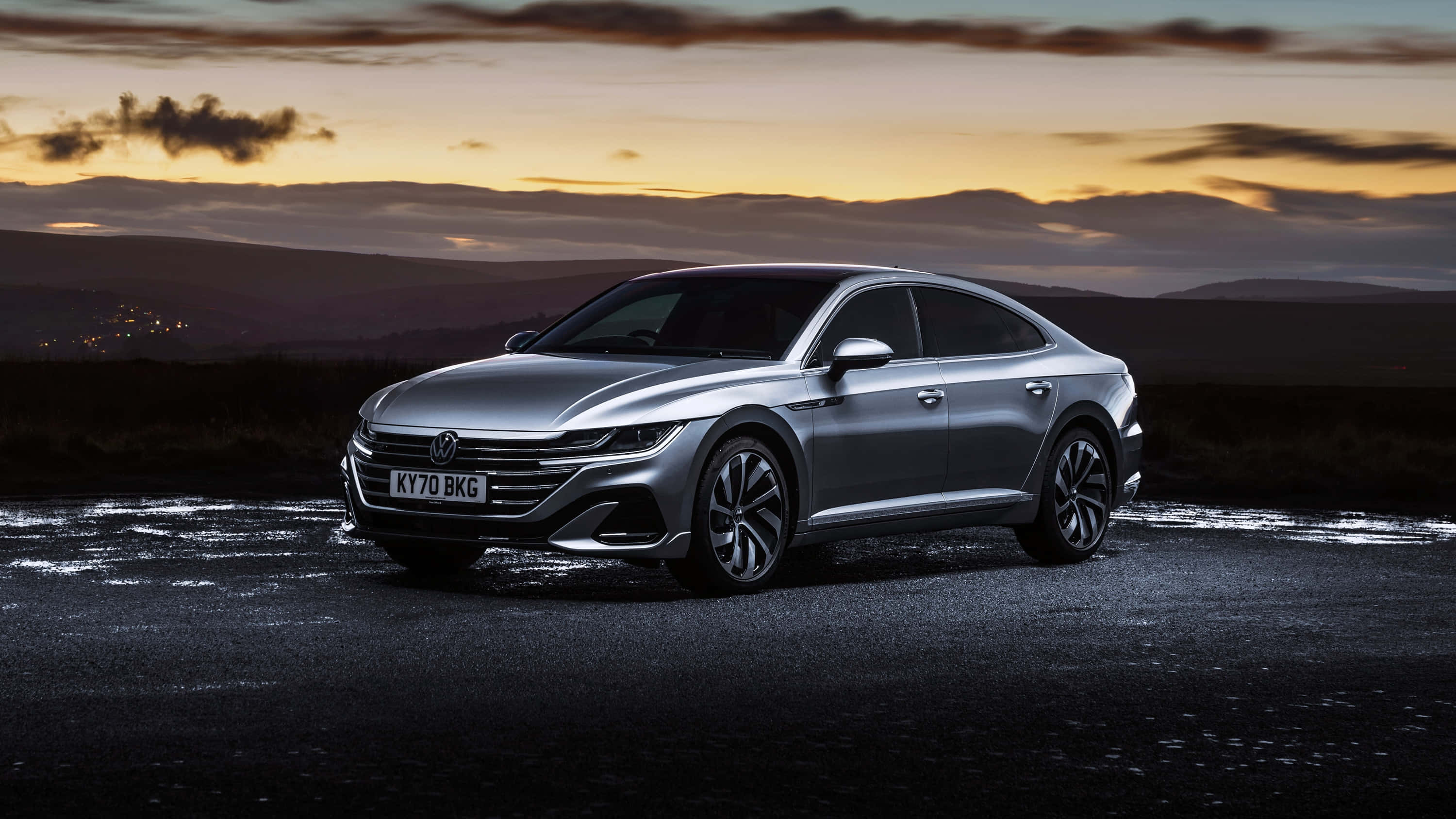 Volkswagen Arteon, silver, wet road, 2K Desktop Wallpaper