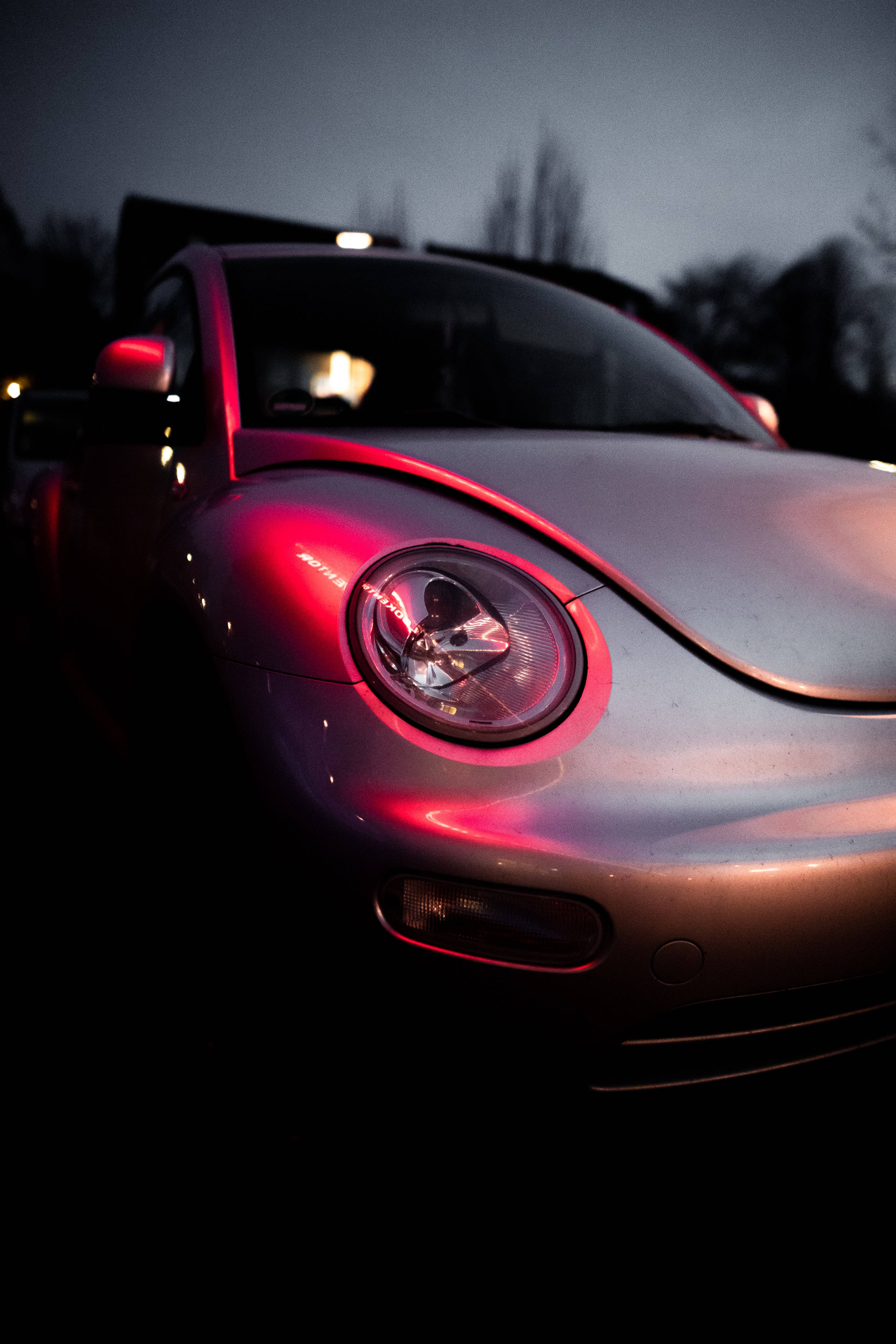 Volkswagen Beetle, silver, red ambient light, 4K Phone Wallpaper