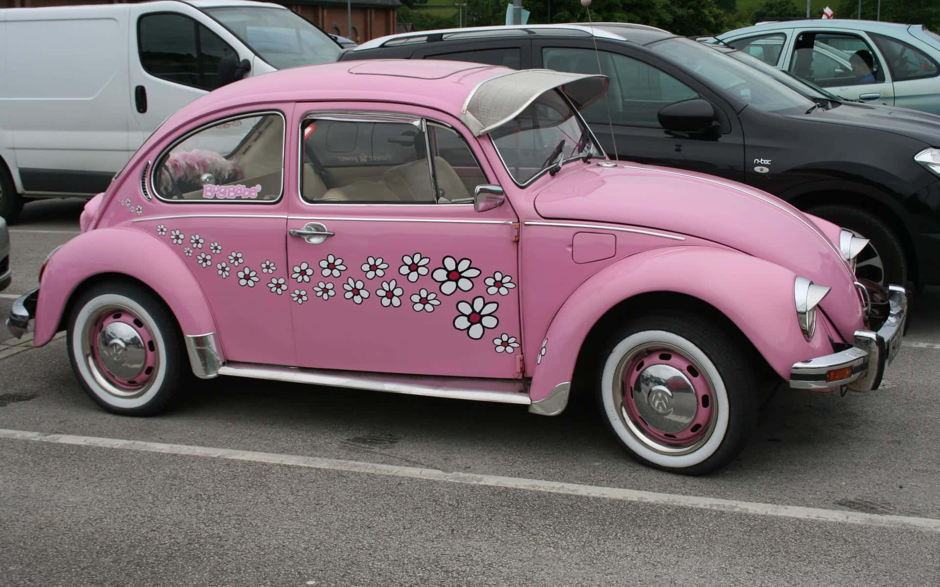 pink Volkswagen Beetle, white floral decals, vintage, Full HD Desktop Wallpaper