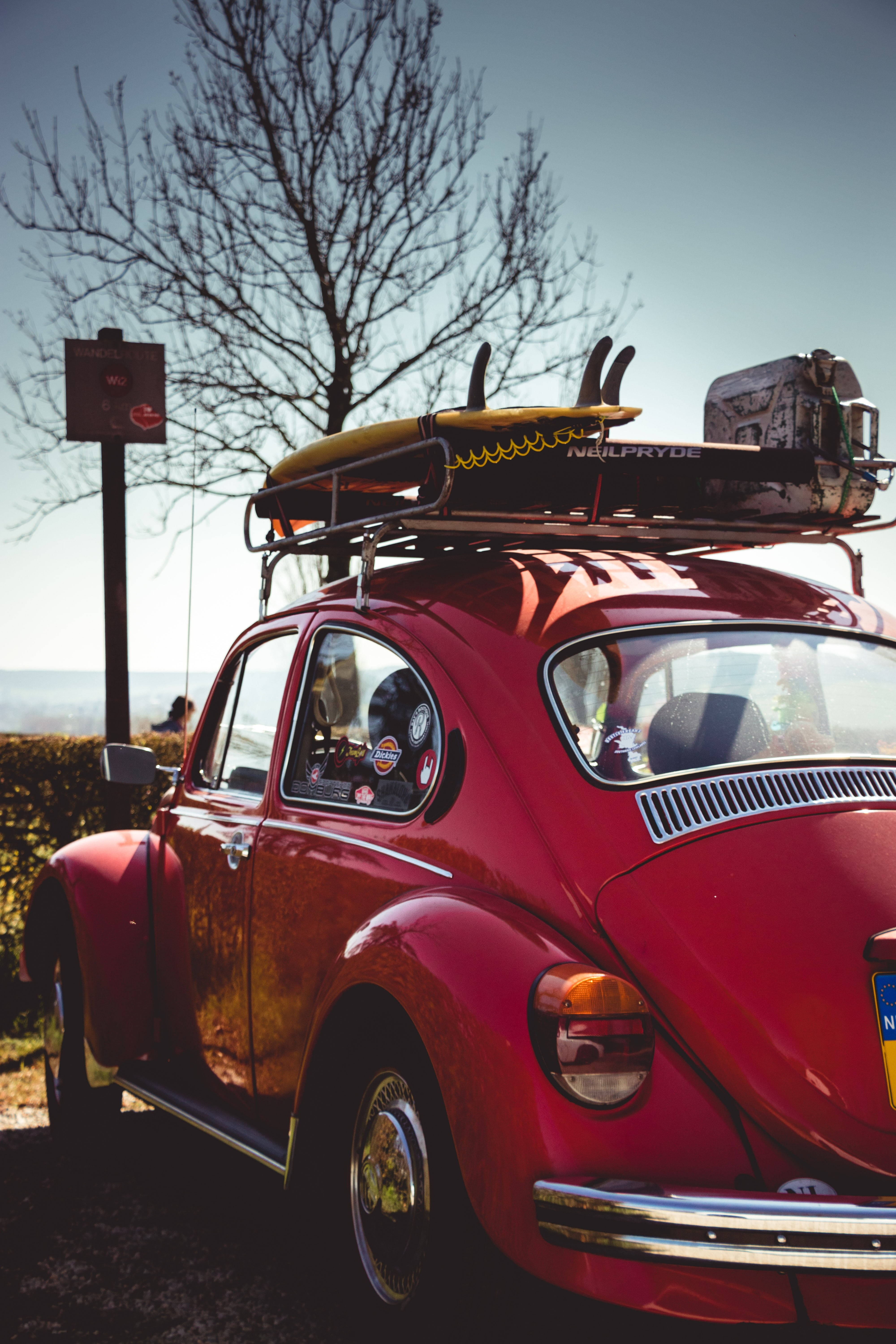 Volkswagen Beetle, red, surfboard, 5K Phone Wallpaper