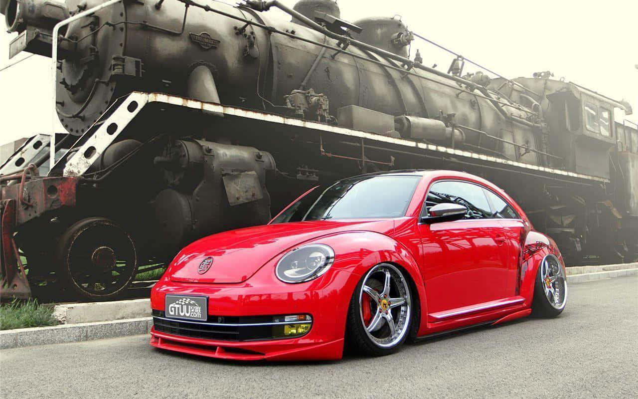 Volkswagen Beetle, glossy red, vintage steam locomotive, HD Desktop Wallpaper