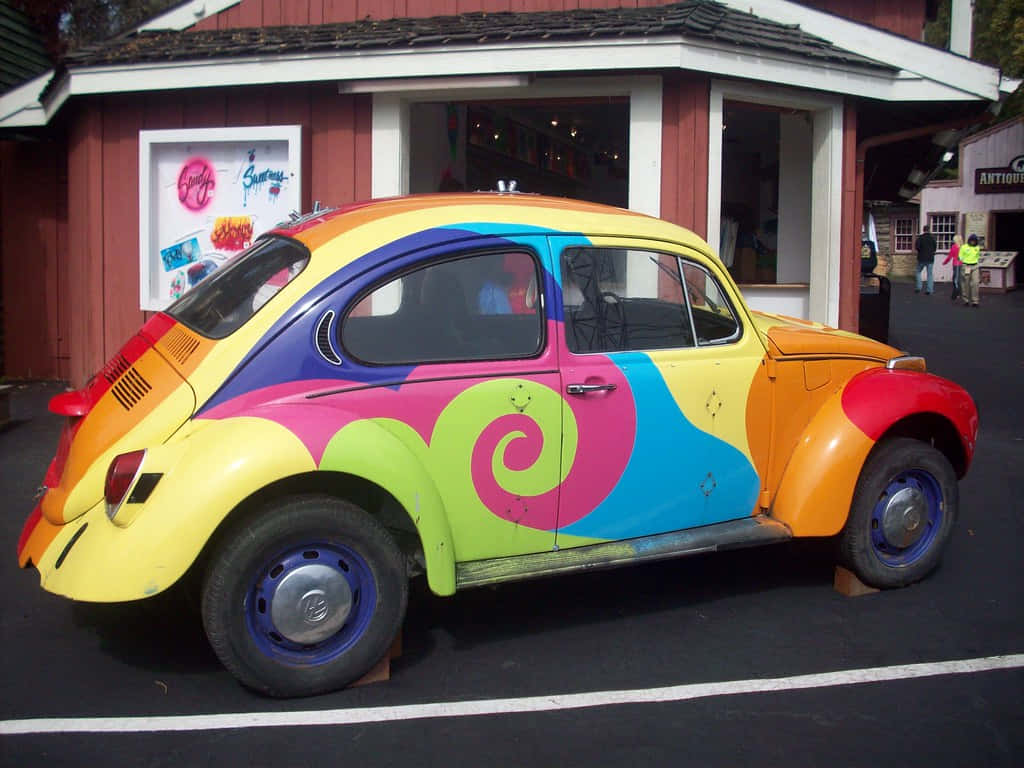 Volkswagen Beetle, psychedelic swirls, yellow pink blue green orange, SD Desktop Wallpaper