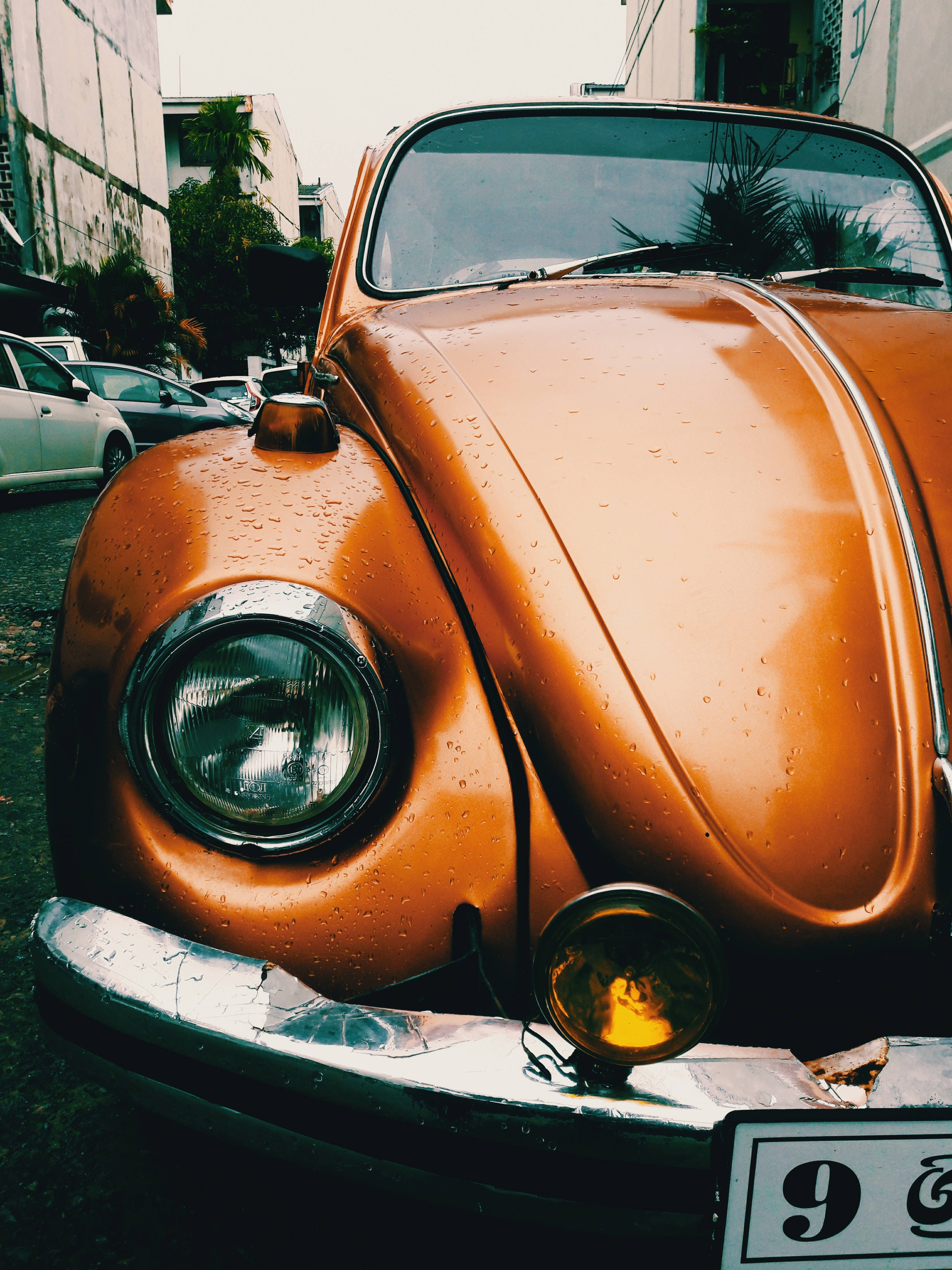 Volkswagen Beetle, vintage orange, raindrops, 4K Phone Wallpaper