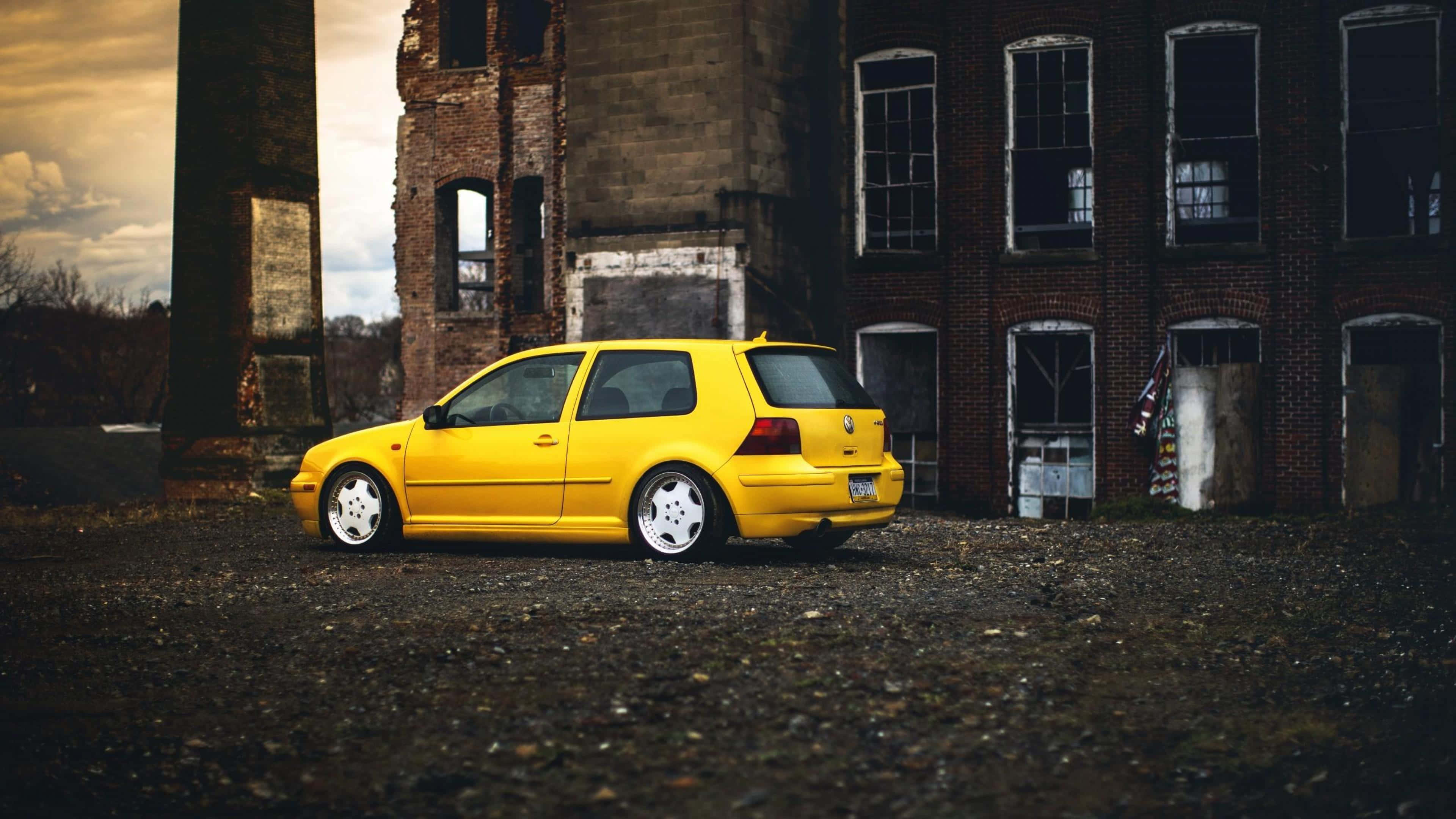 Volkswagen Golf, bright yellow, gravel, 4K Desktop Wallpaper
